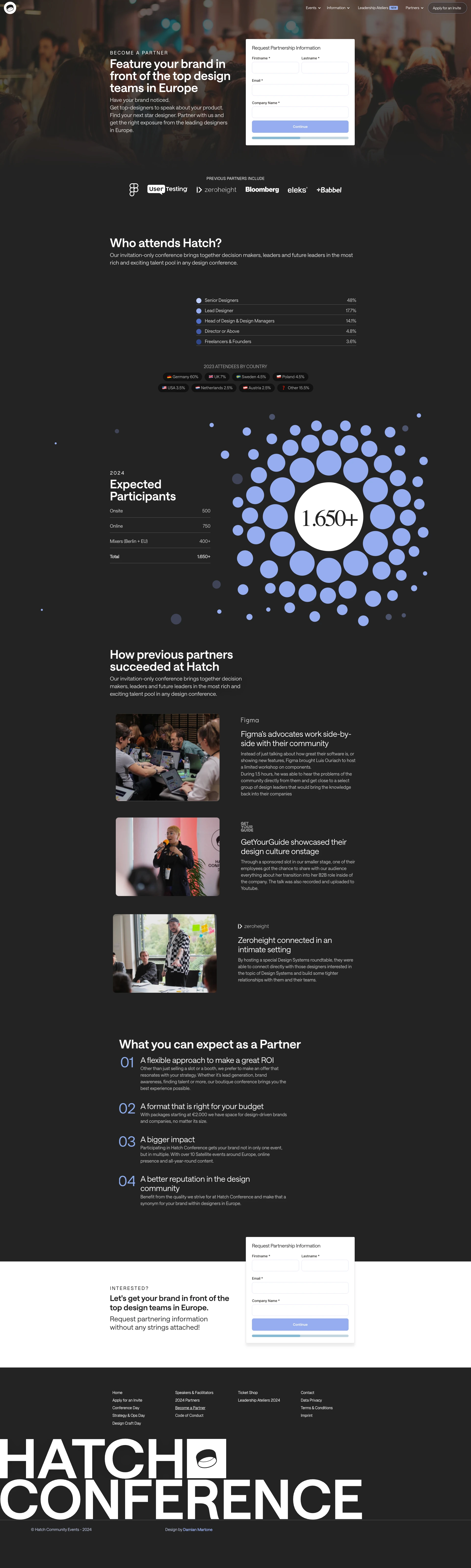 Hatch Conference Landing Page Example: The event where experienced UX & Design Professionals in Europe meet to learn, get inspired and connect.