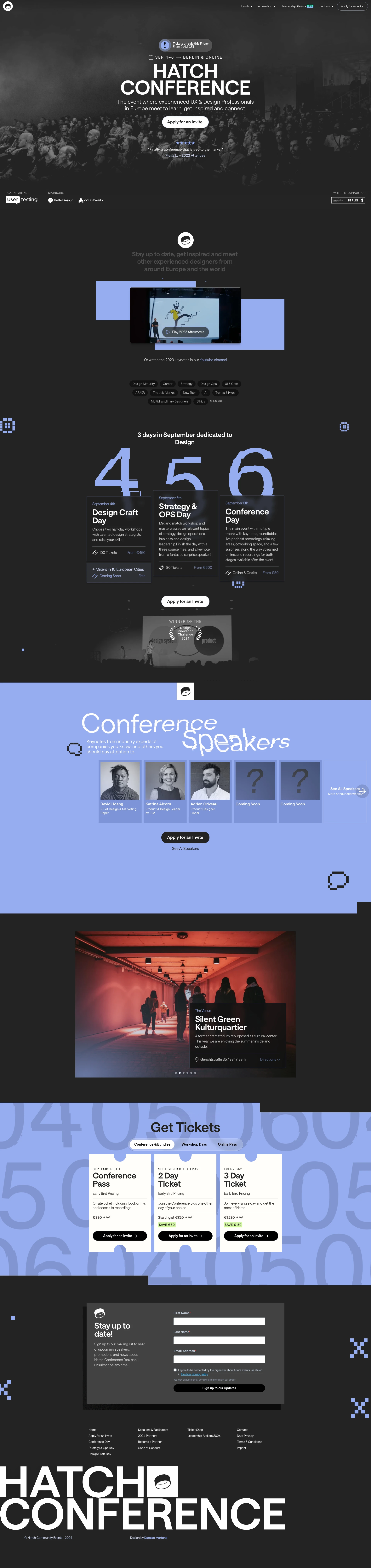 Hatch Conference Landing Page Example: The event where experienced UX & Design Professionals in Europe meet to learn, get inspired and connect.