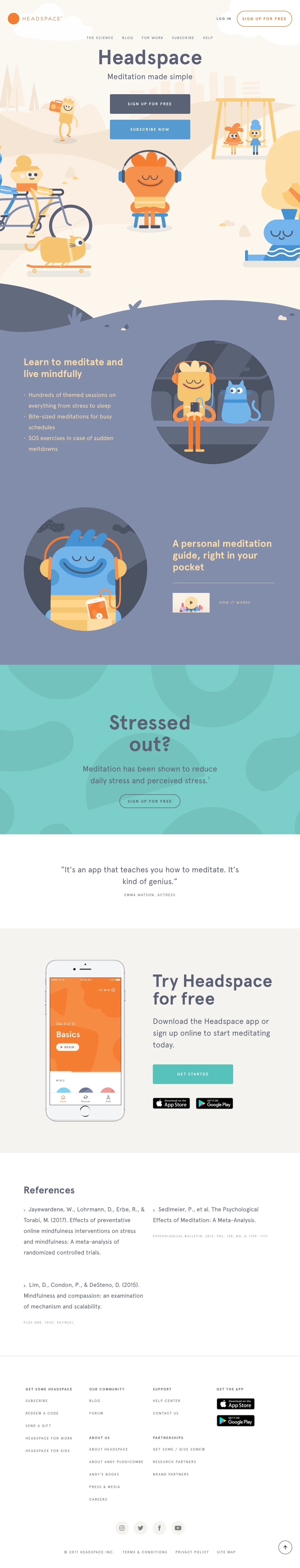 Headspace Landing Page Example: Meditation and mindfulness made simple