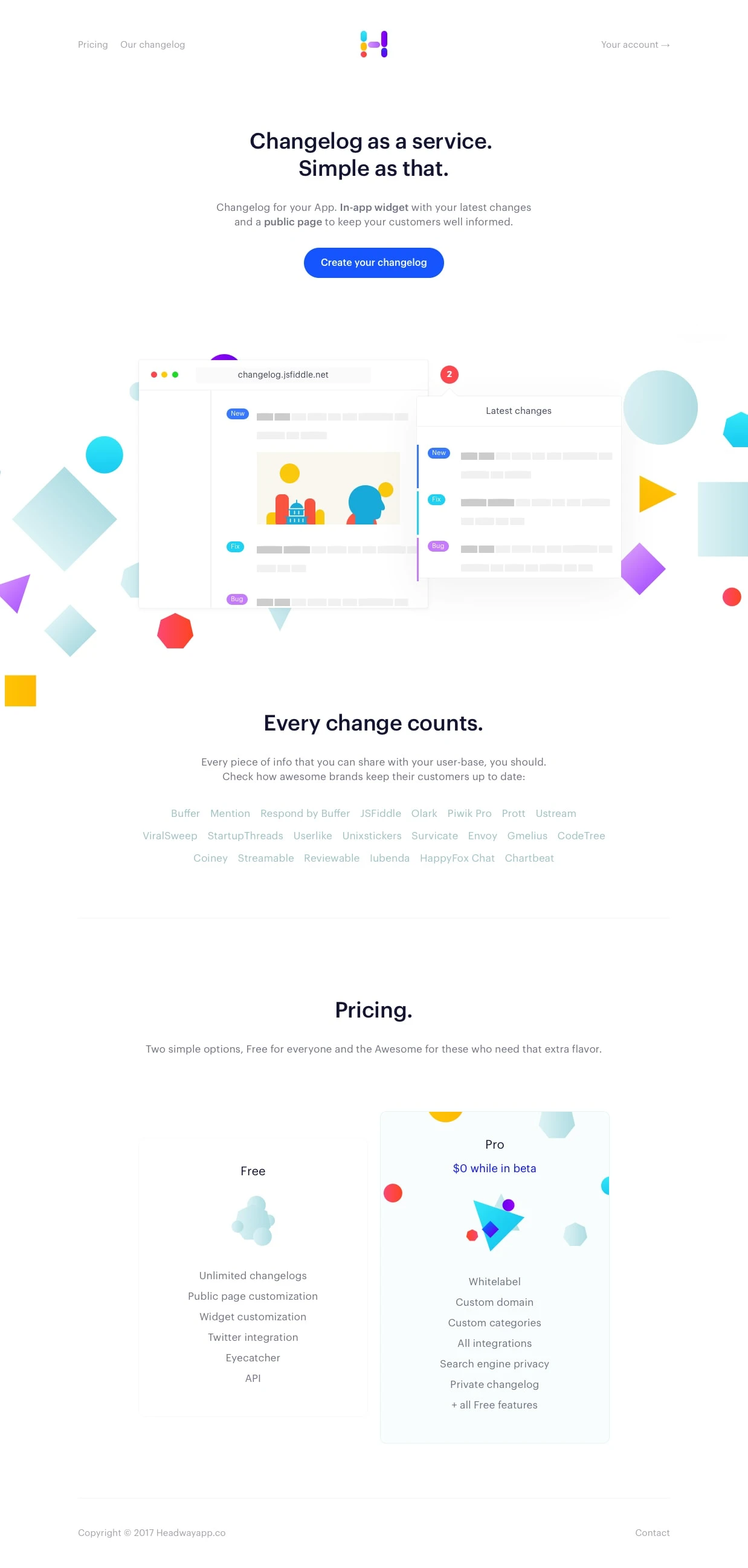 Headway Landing Page Example: Changelog for your web-app. In-app widget with your latest changes and a public page to keep your customers well informed.
