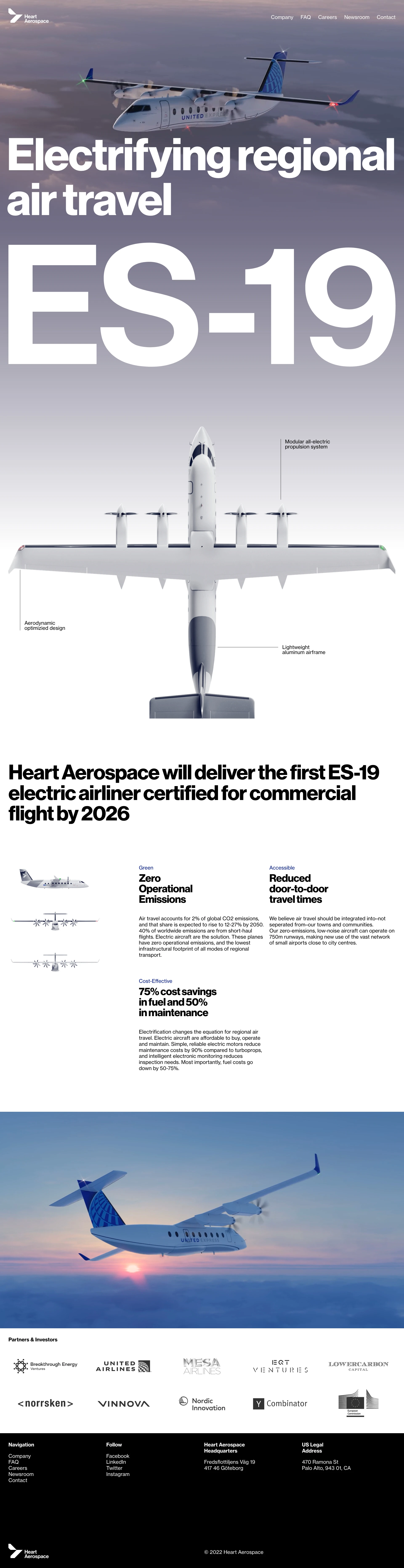 Heart Aerospace Landing Page Example: Heart Aerospace will deliver the first ES-19 electric airliner certified for commercial flight by 2026.