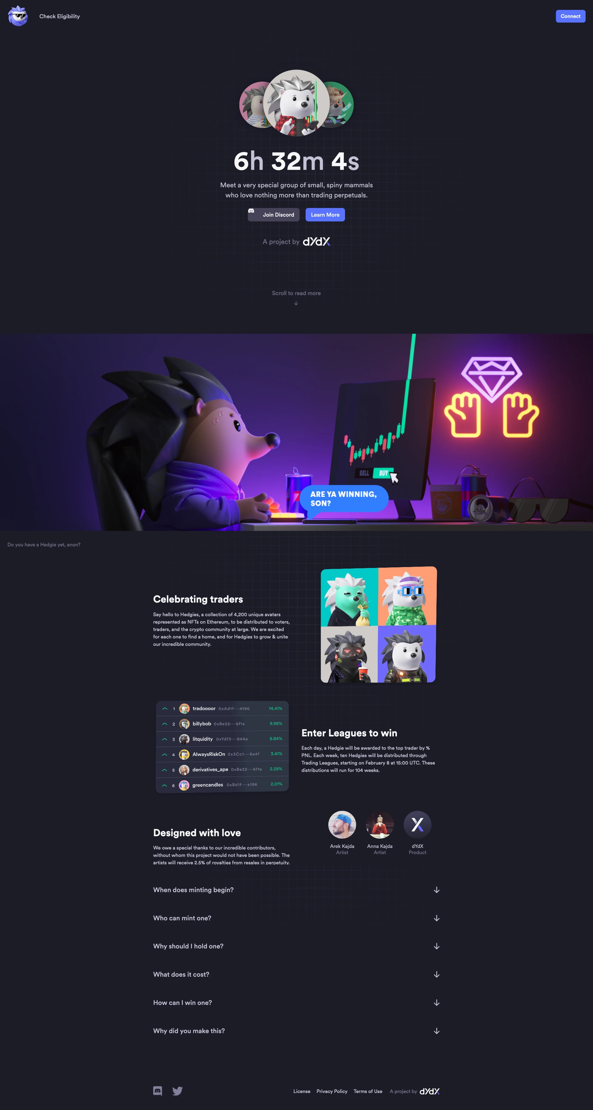 Hedgies Landing Page Example: A group of spiny mammals who love trading perpetuals. Minting begins February 1st at 15:00 UTC.