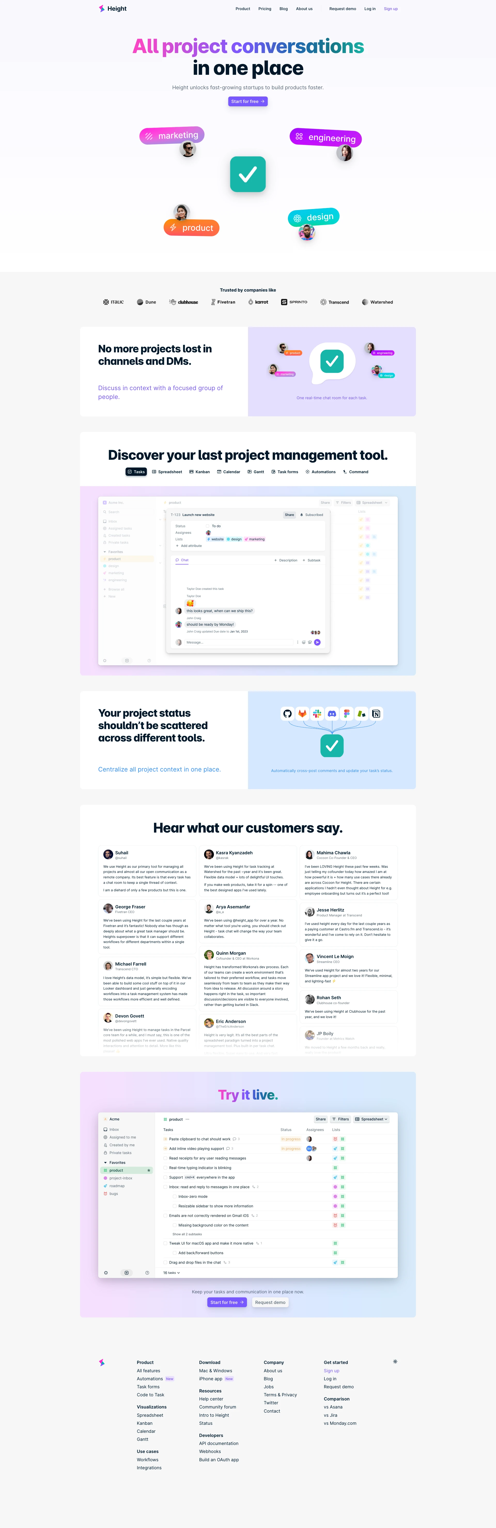 Height Landing Page Example: All project conversations in one place. Height unlocks fast-growing startups to build products faster.