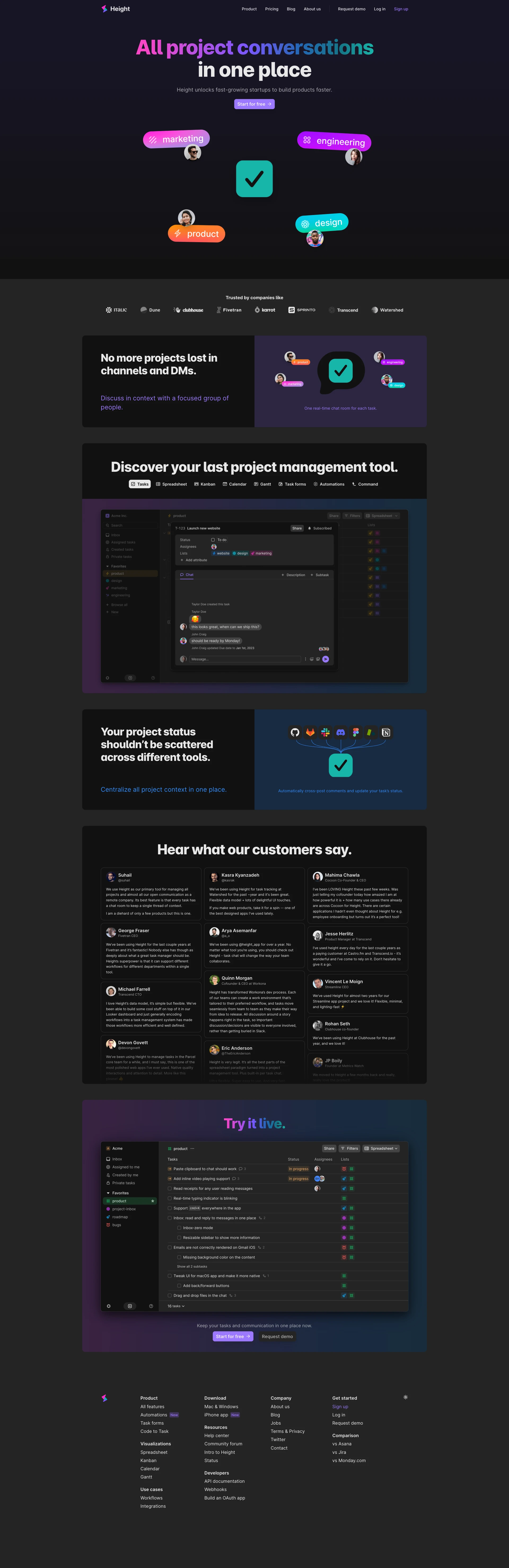 Height Landing Page Example: All project conversations in one place. Height unlocks fast-growing startups to build products faster.