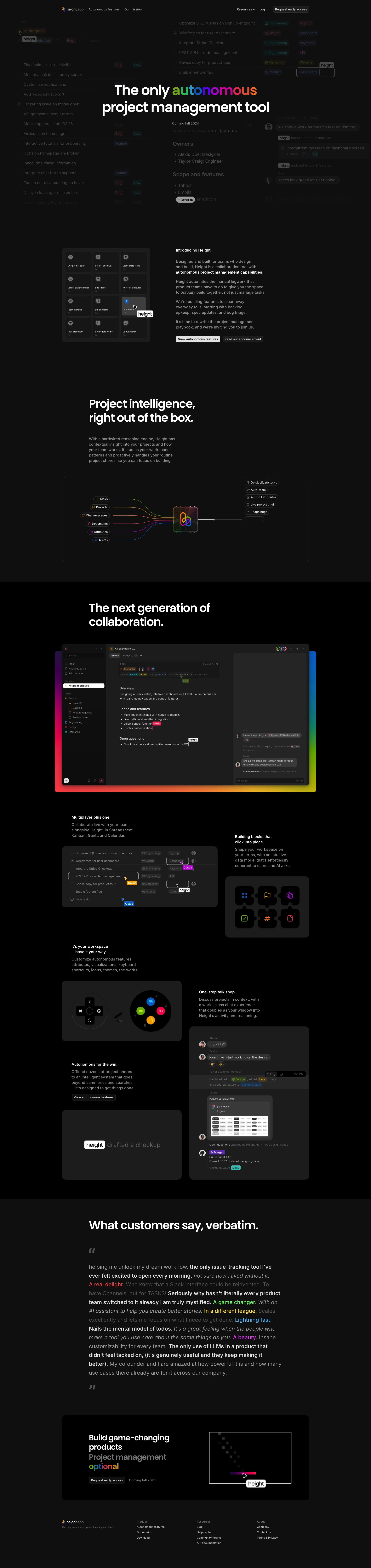 Height Landing Page Example: Autonomous project collaboration tool, powered by AI. Designed and built for teams who design and build, Height is a collaboration tool with autonomous project management capabilities.