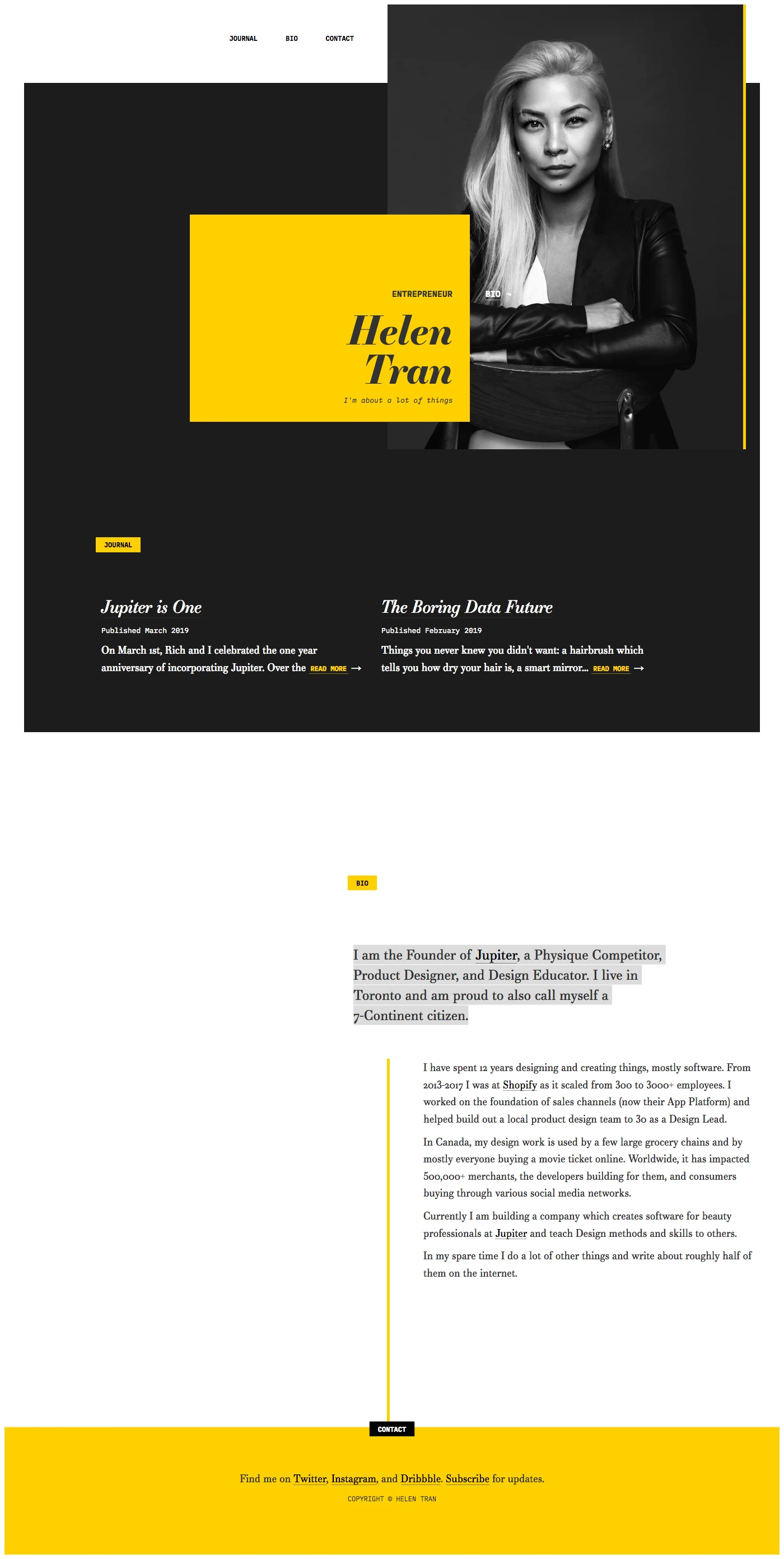 Helen Tran Landing Page Example: I am the Founder of Jupiter, a Physique Competitor, Product Designer, and Design Educator. I live in Toronto and am proud to also call myself a 7-Continent citizen.