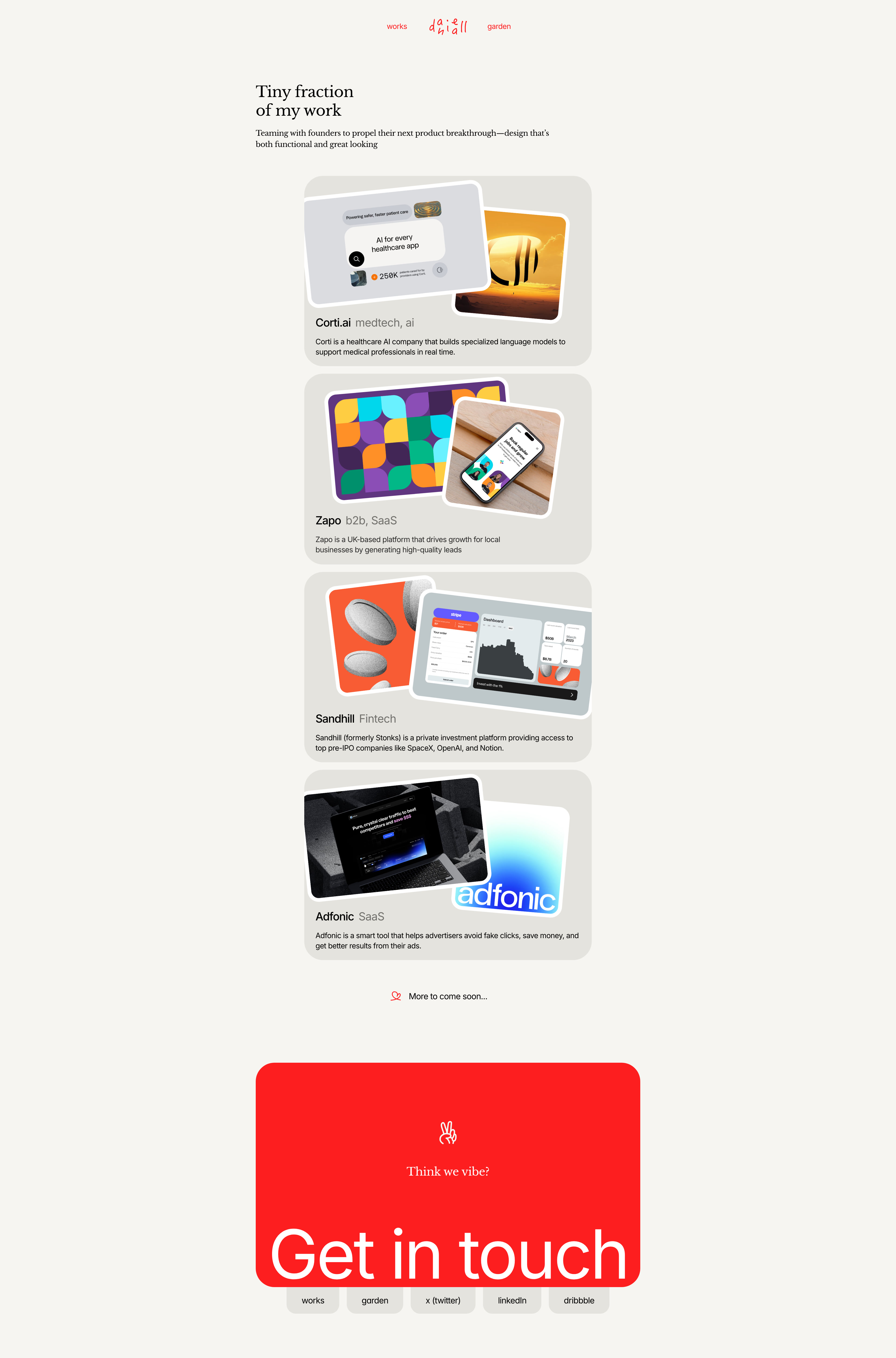 Daniella Marynov Landing Page Example: Visual & product designer crafting brand, product, and marketing design for SaaS, fintech, AI, web3 and dev tools. Simplicity is my superpower. I turn complex ideas into experiences users love and investors trust. I help SaaS, AI, and Dev founders craft story-driven brands and products.