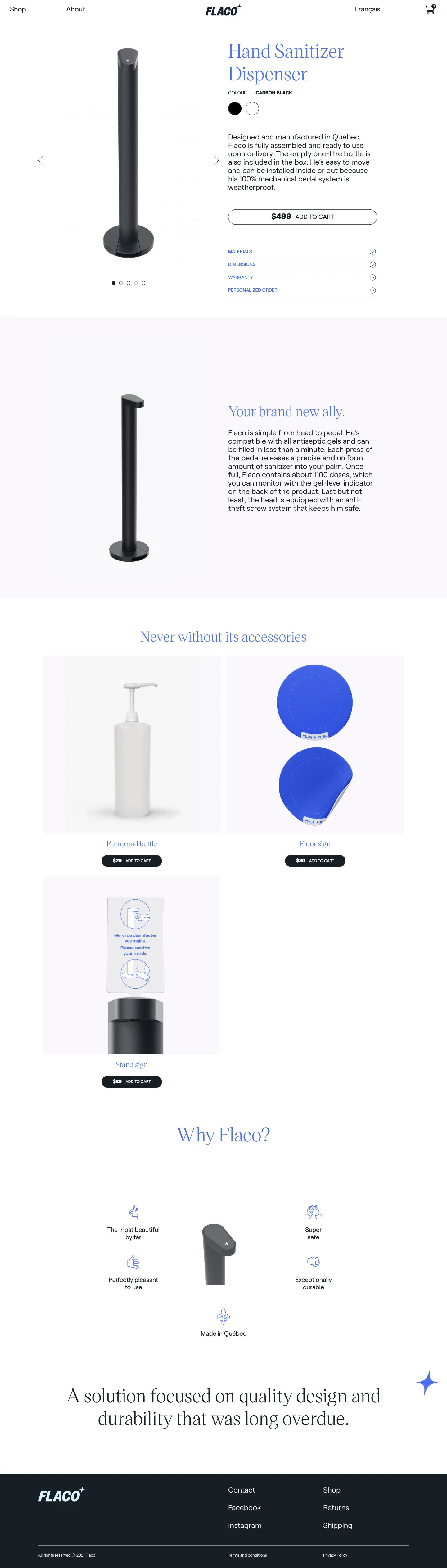 Flaco Landing Page Example: Discover Flaco, durable, design and locally made. Offer a bright start to your customers with this hand sanitizer dispenser