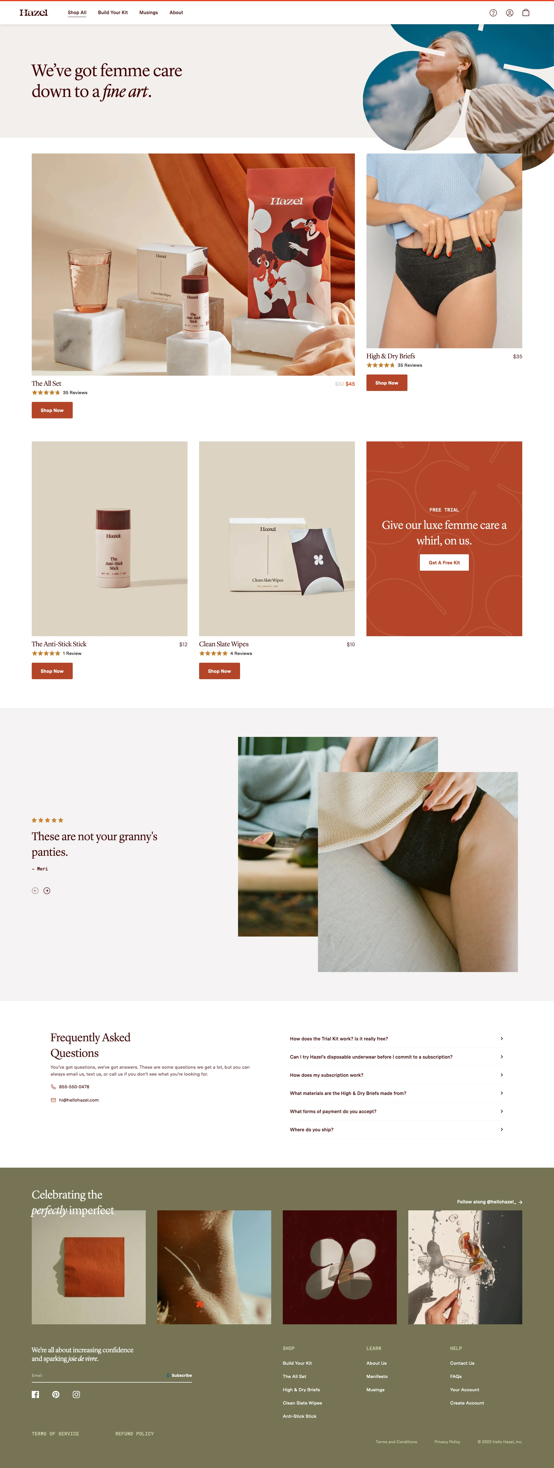 Hazel Landing Page Example: Luxe femme care for the ever-evolving woman. Our little luxuries make living your best life a whole lot easier.
