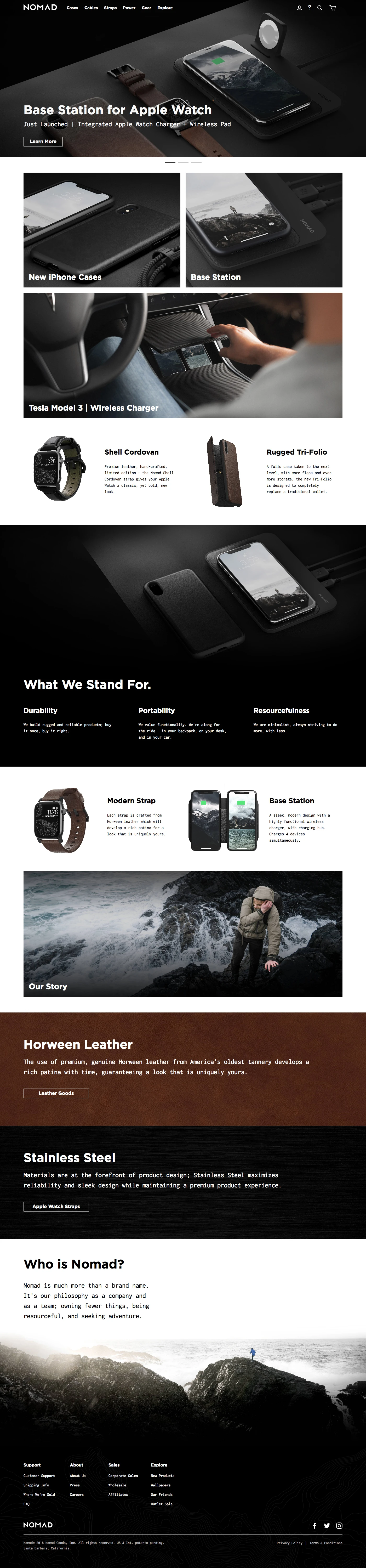 Nomad Landing Page Example: Shop iPhone cases & accessories made from the finest materials. Browse our specialized selection of Apple Watch Straps, suite of durable cables, and collection of products to keep you powered on the go. Made for the modern Nomad. Tools built for the modern Nomad