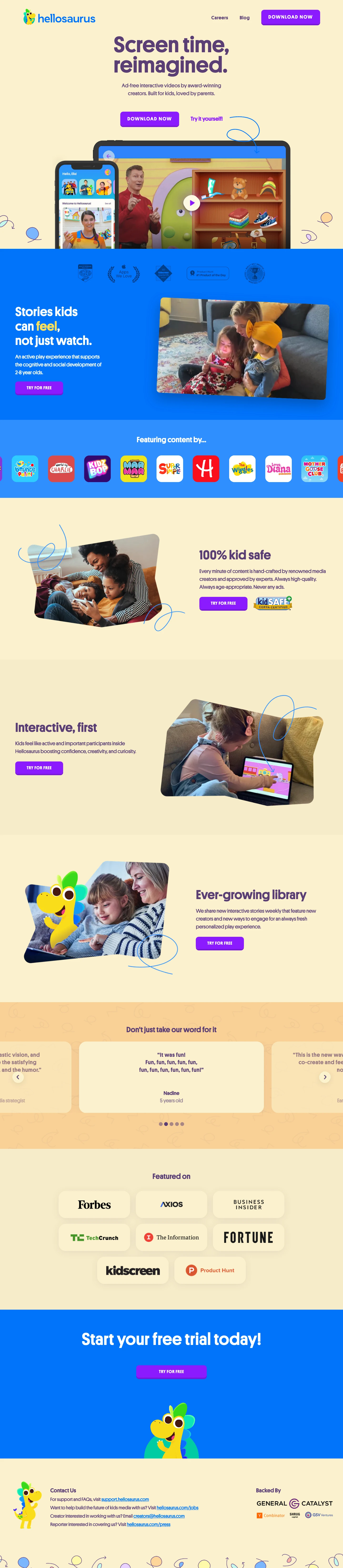 Hellosaurus Landing Page Example: Screen time, reimagined. Ad-free interactive videos by award-winning creators. Built for kids, loved by parents.