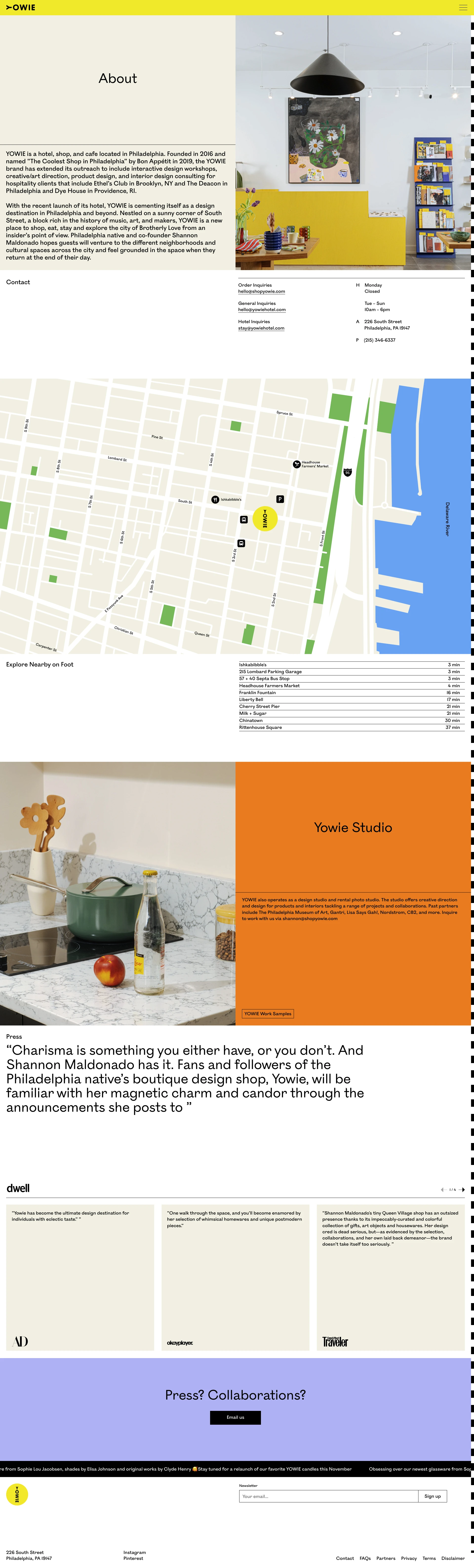 YOWIE Landing Page Example: YOWIE Est. 2016 is a hotel and shop focused on curating small collections from friends, independent artists, and designers