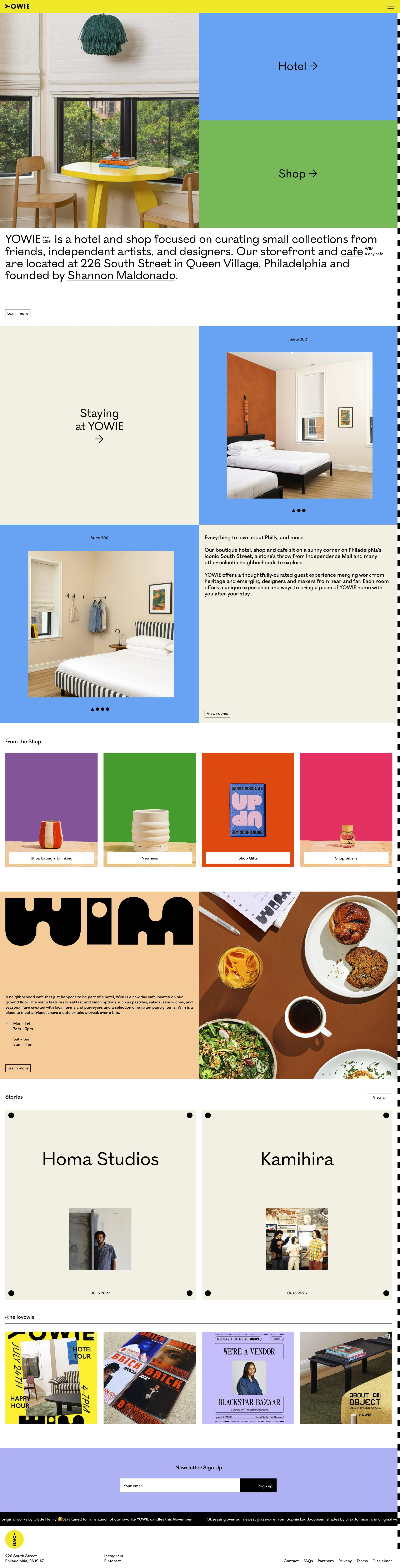 YOWIE Landing Page Example: YOWIE Est. 2016 is a hotel and shop focused on curating small collections from friends, independent artists, and designers