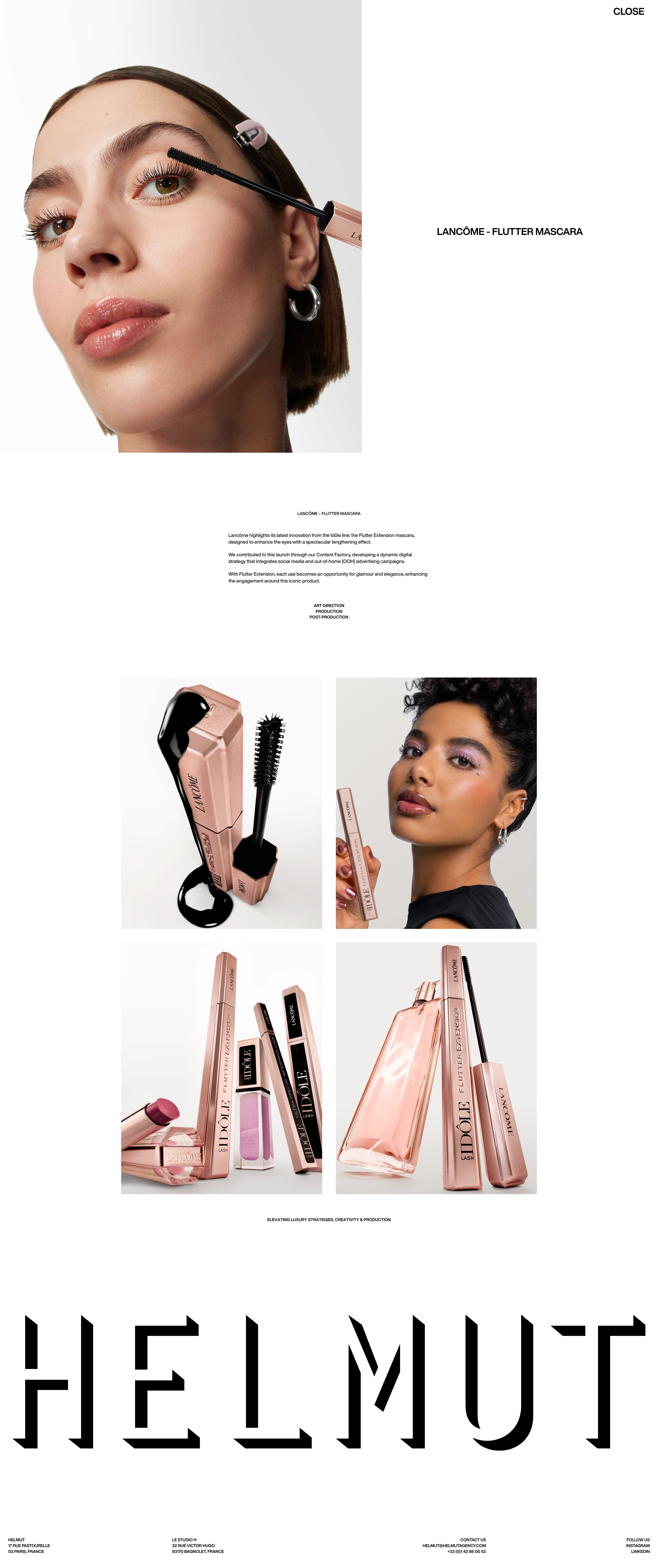 Helmut Agency Landing Page Example: Helmut, a leading luxury production agency. Experts in strategy, creation, production, and post-production. Campaigns, content factory, AI studio, always-on social.