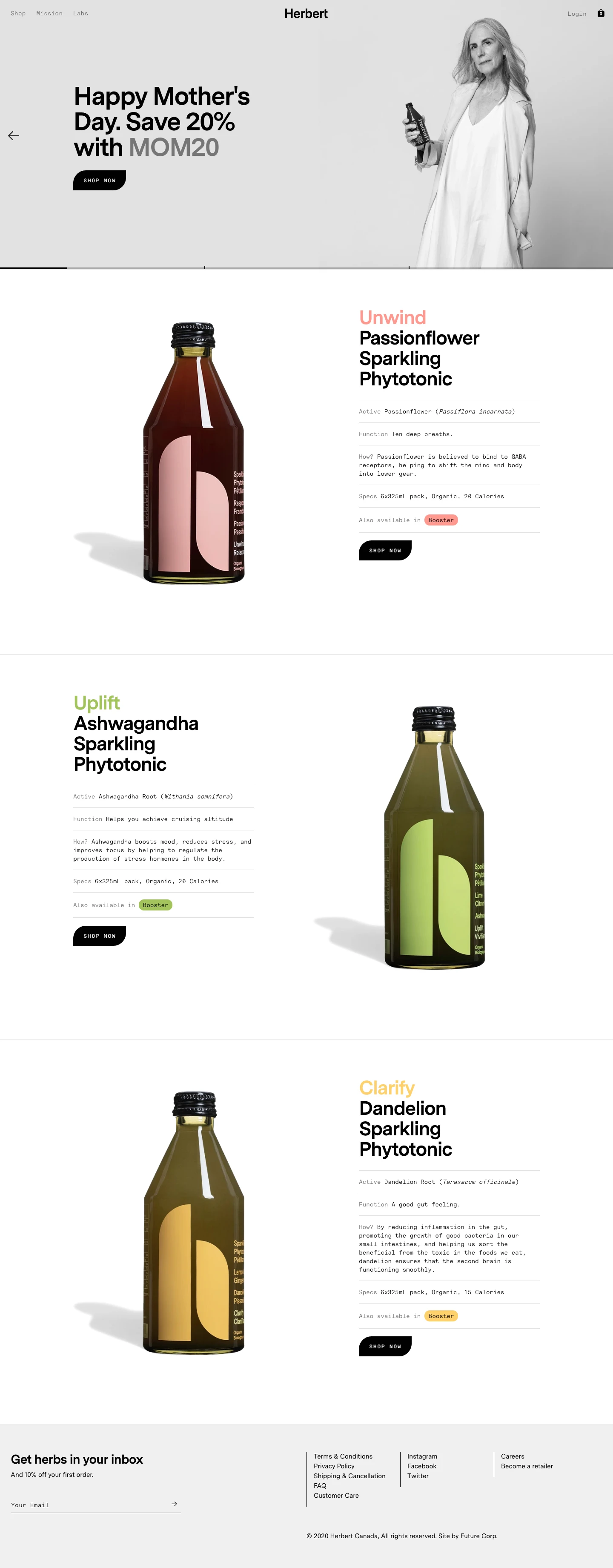 Herbert Labs Landing Page Example: Beverages derived from plants that benefit the human body and psyche.