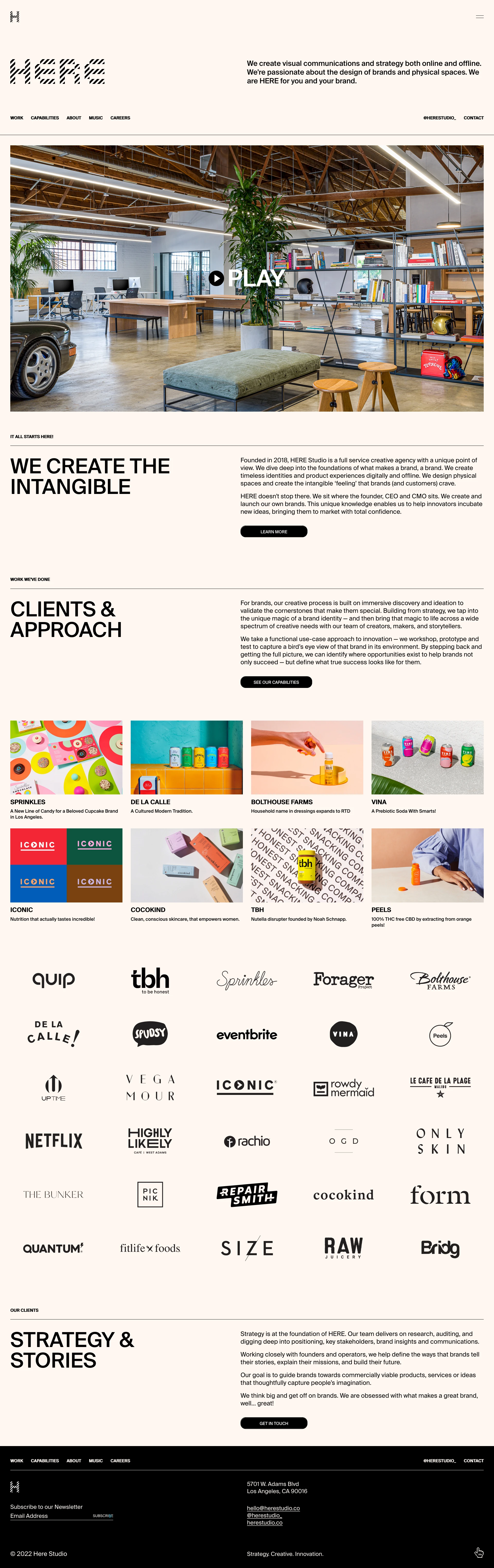 Here Landing Page Example: We create visual communications and strategy both online and offline. We're passionate about the design of brands and physical spaces. We are HERE for you and your brand.