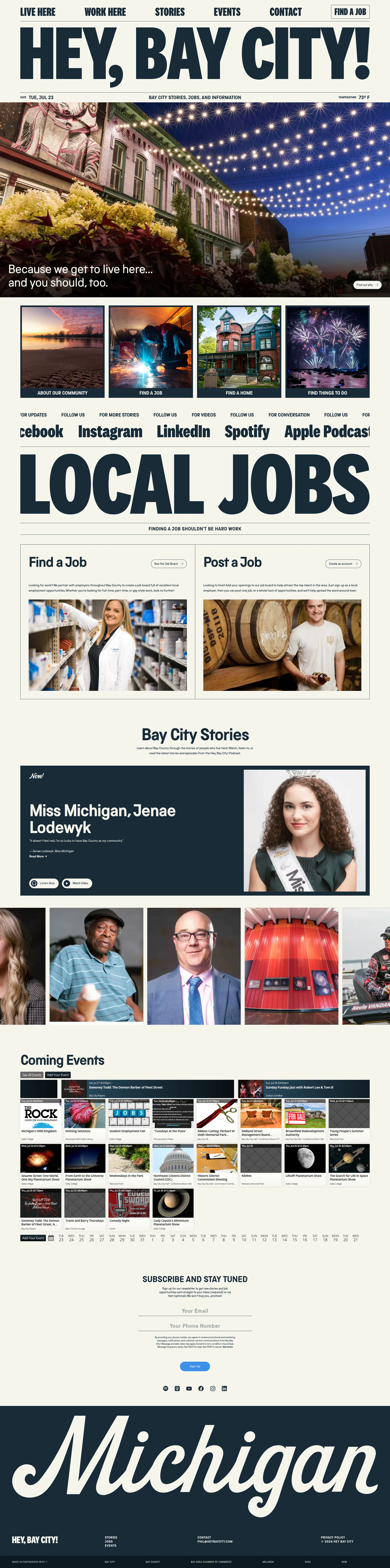 Hey, Bay City! Landing Page Example: Our local hub for hometown stories, original podcasts, and new job opportunities in Bay City, Michigan.