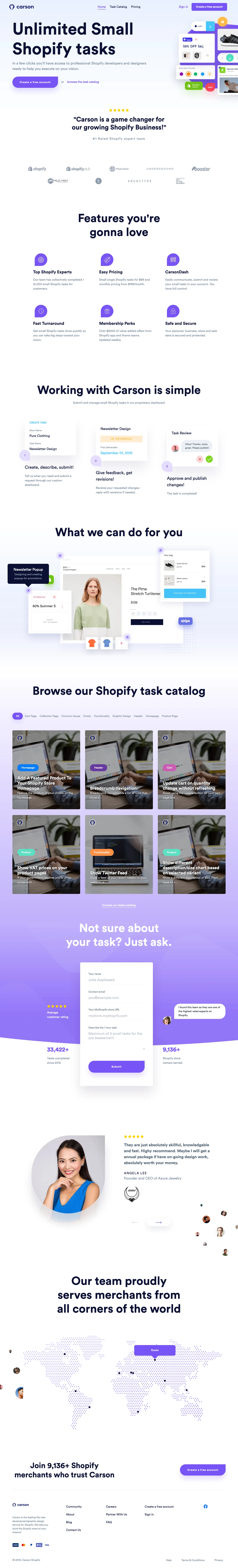 Carson Landing Page Example: Carson is one of the highest rated Shopify experts based in Canada for small theme customizations. We help you build the Shopify store of your dreams!