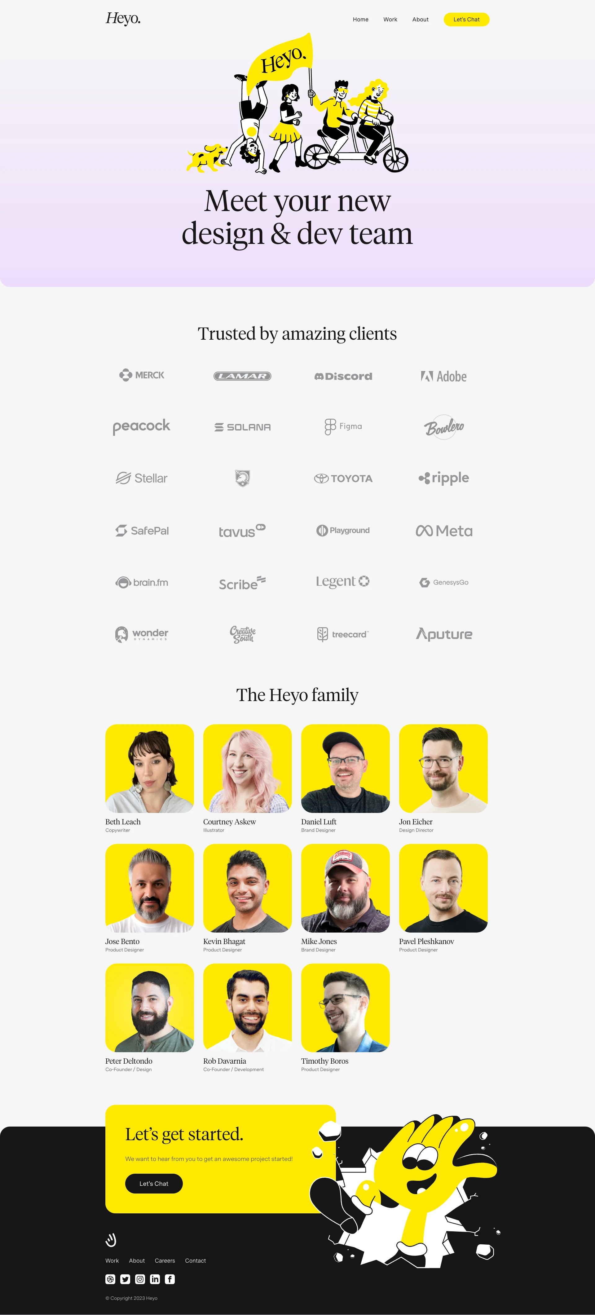 Heyo Landing Page Example: We’re creators of people first digital experiences. Working with companies like Adobe, Figma, Merck, Discord, Solana, Lamar, Stellar, Facebook/Meta and more.