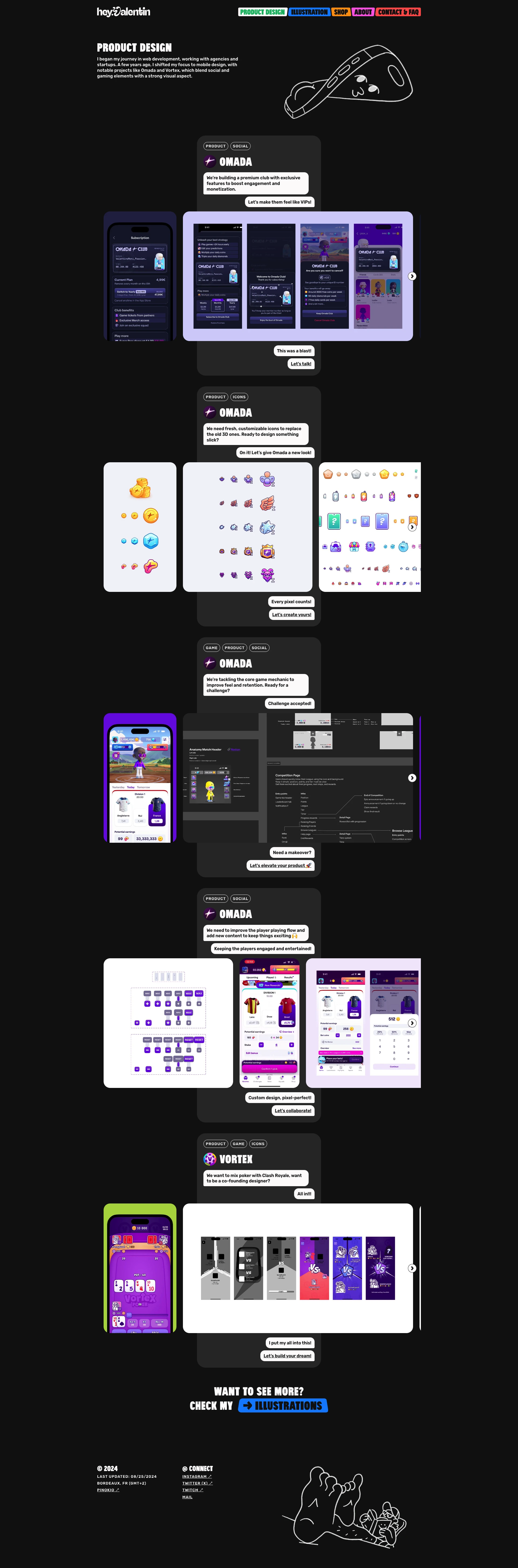 hey.Valentin Landing Page Example: Hi, I’m Valentin! A freelance product designer and illustrator specializing in mobile app UX/UI and brand, product, and editorial illustrations.