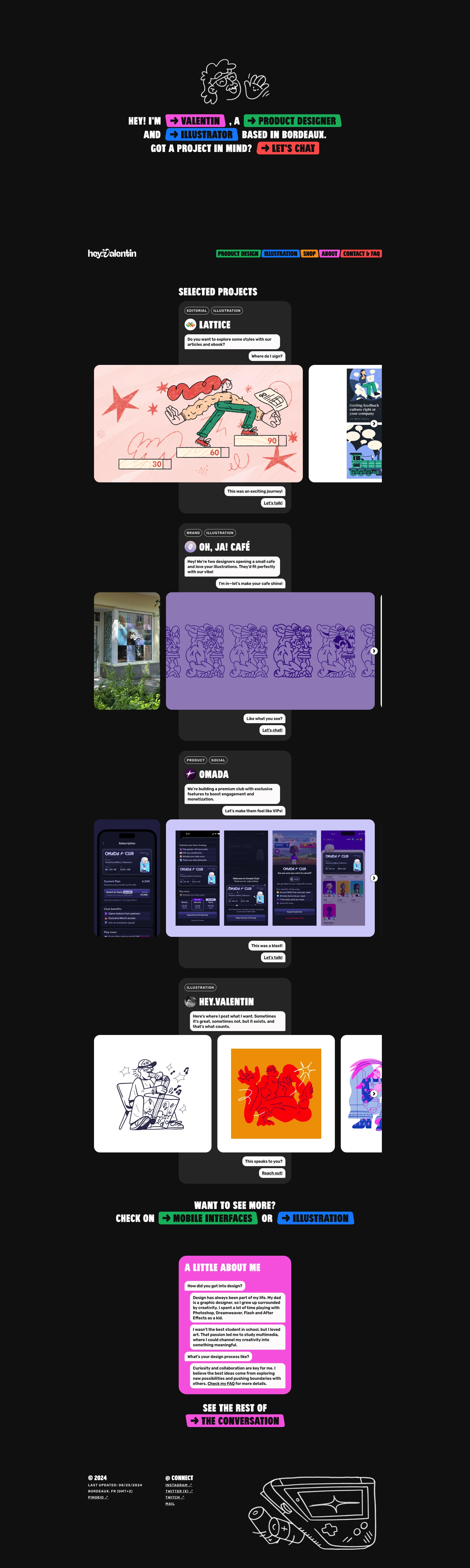 hey.Valentin Landing Page Example: Hi, I’m Valentin! A freelance product designer and illustrator specializing in mobile app UX/UI and brand, product, and editorial illustrations.