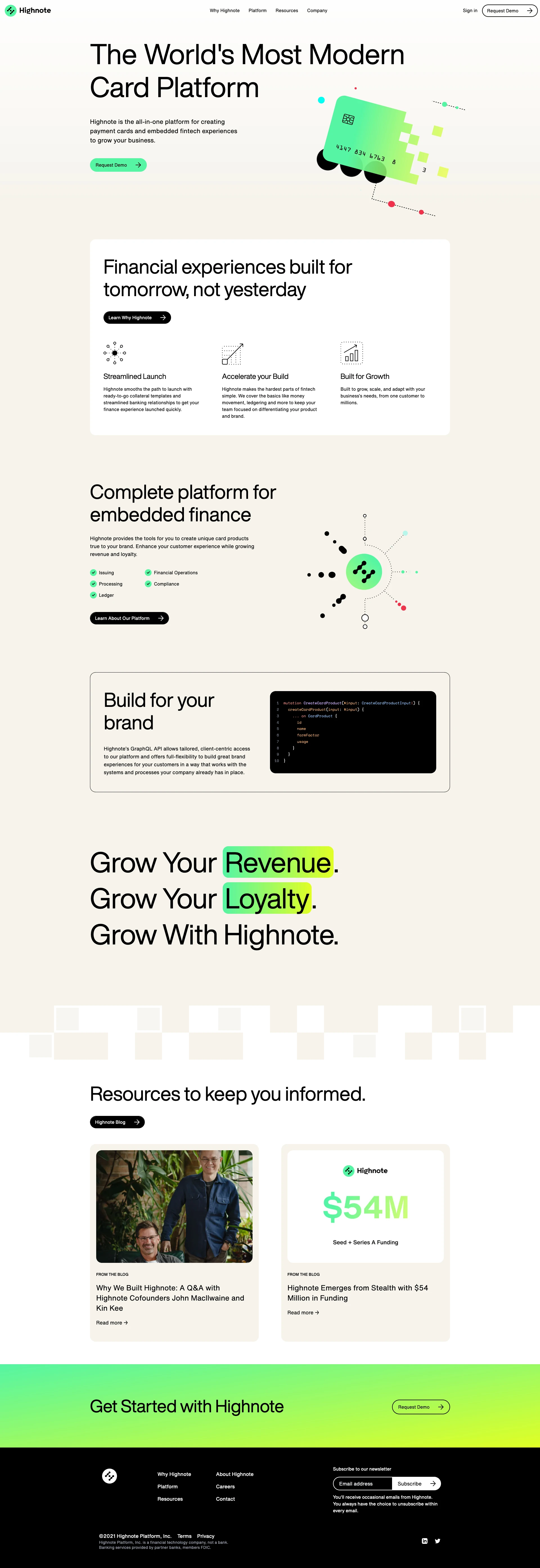 Highnote Landing Page Example: Highnote is the all-in-one platform for creating payment cards and embedded fintech experiences to grow your business.