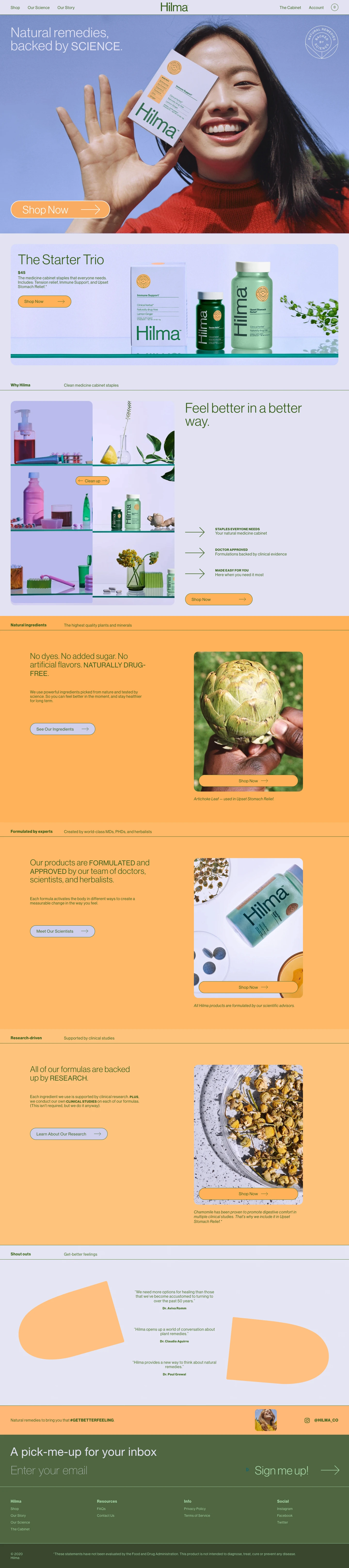 Hilma Landing Page Example: Natural remedies, backed by science. We’re taking natural remedies into the lab, creating the highest quality products to support your health when you need it most.
