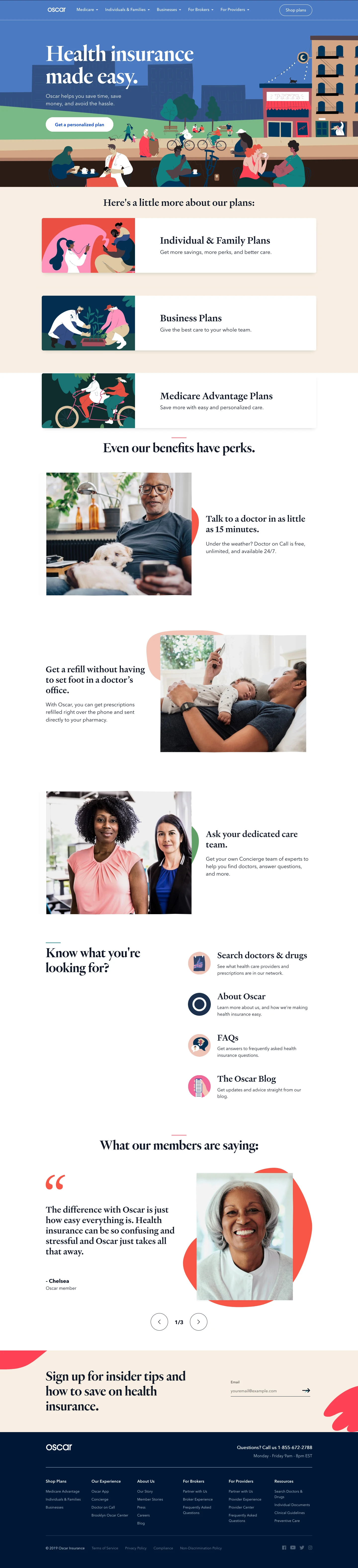 Oscar Landing Page Example: Health insurance made easy. Oscar helps you save time, save money, and avoid the hassle.