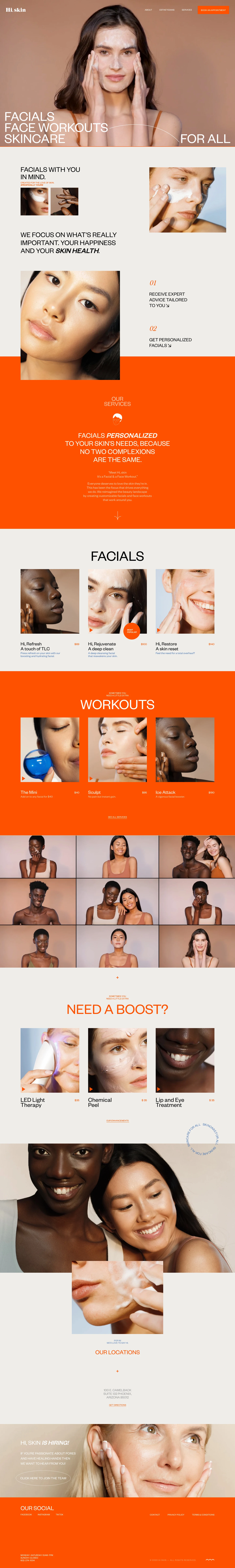 Hi, skin Landing Page Example: Meet Hi, skin Facials & Face Workouts. Everyone deserves to love the skin they're in. This has been the focus that drives everything we do. We reimagined the beauty landscape by creating customisable facials and face workouts that work around you.