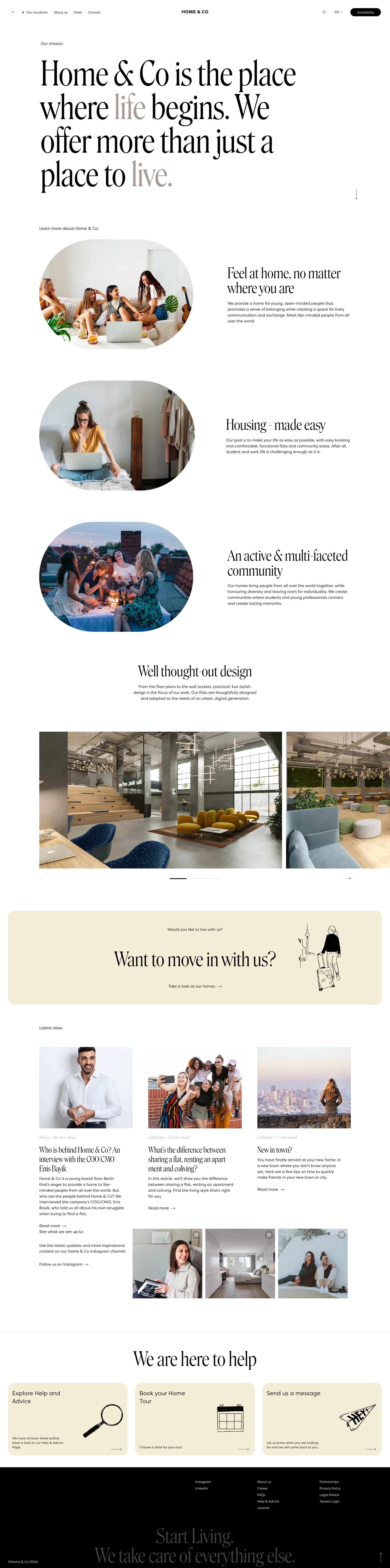 Home & Co Landing Page Example: Our cosy, furnished and smartly designed flats will make you feel right at home within an international, diverse coliving community of like-minded people. And if you want privacy, you will find it in your own flat or room. Explore Home & Co.