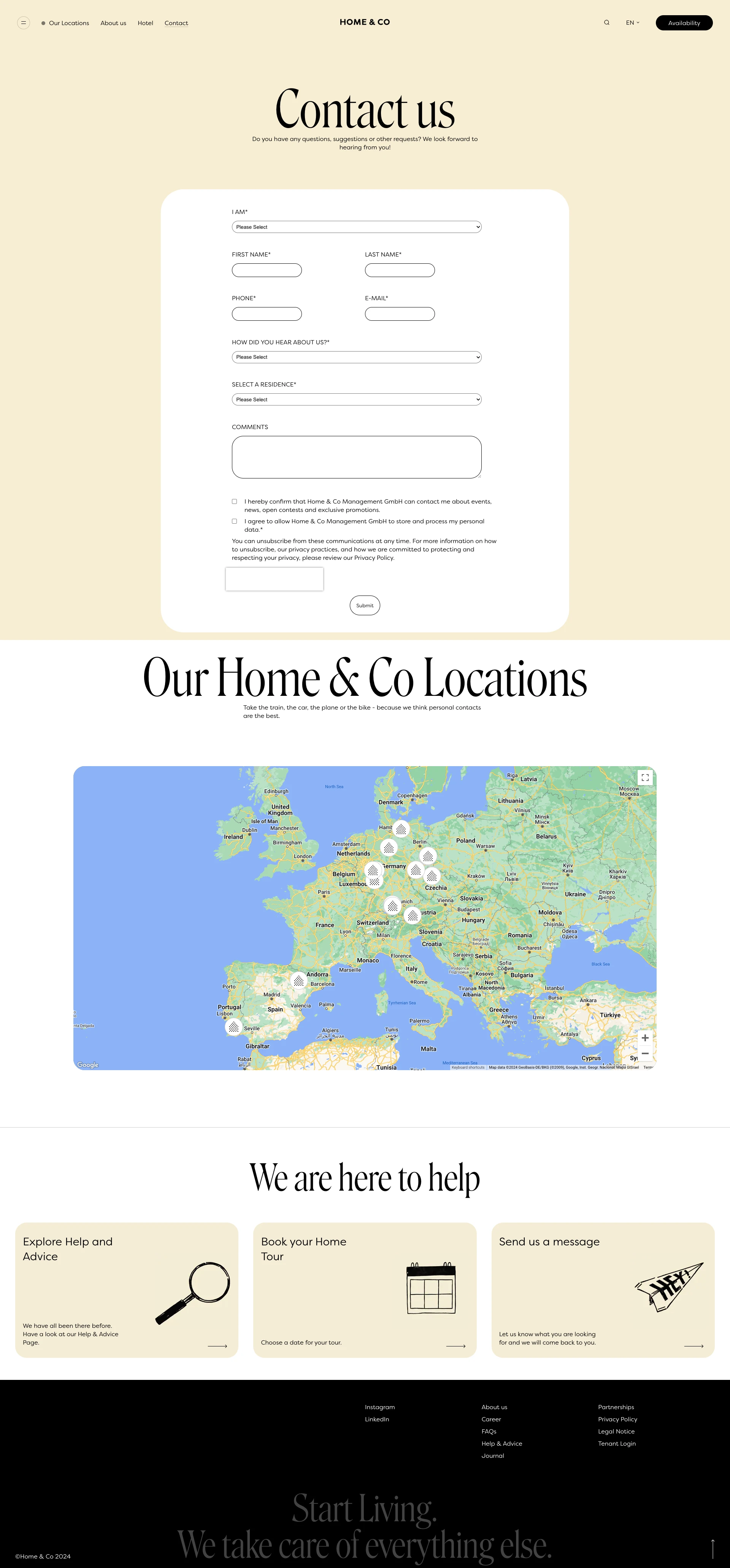 Home & Co Landing Page Example: Our cosy, furnished and smartly designed flats will make you feel right at home within an international, diverse coliving community of like-minded people. And if you want privacy, you will find it in your own flat or room. Explore Home & Co.