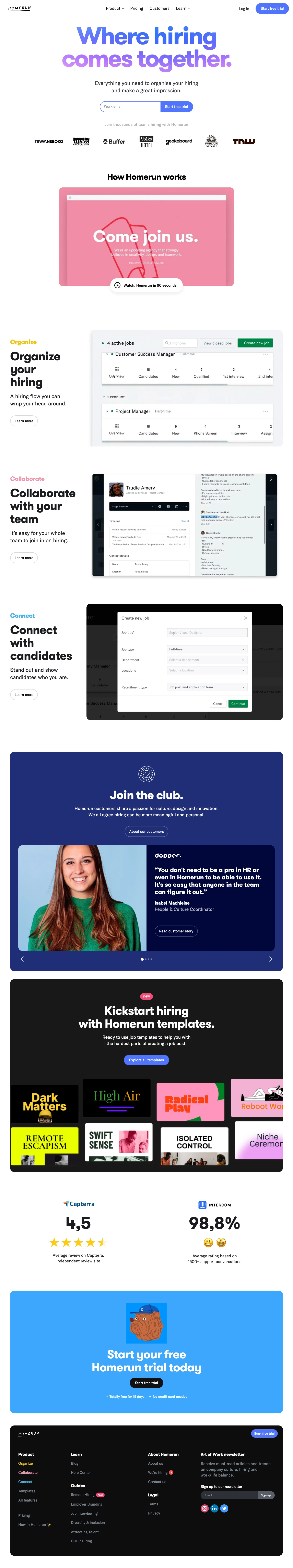 Homerun Landing Page Example: Where hiring comes together. Everything you need to organise your hiring, review together and treat candidates better.
