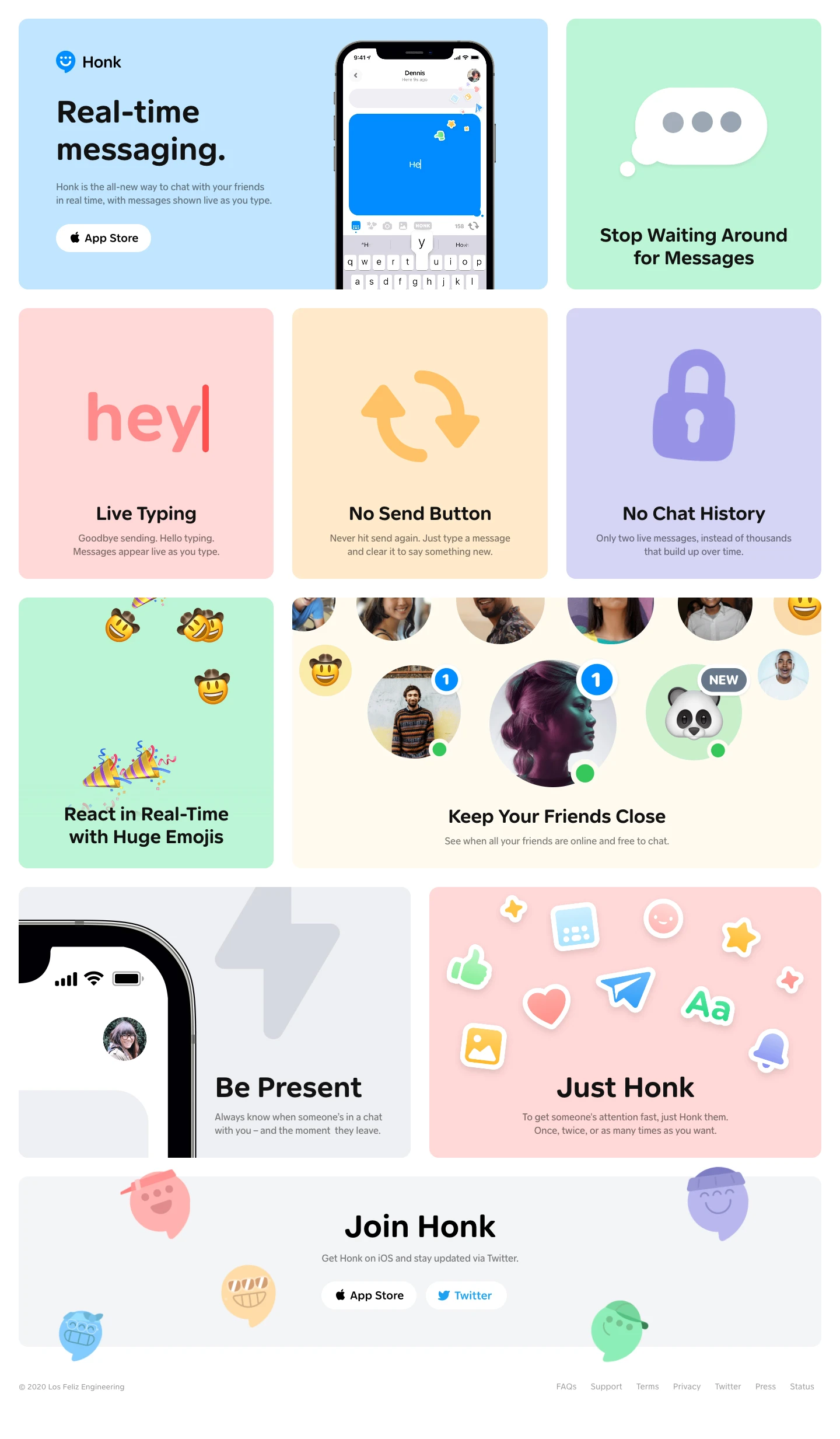 Honk Landing Page Example: Real-time messaging. Honk is the all-new way to chat with your friends in real time, with messages shown live as you type.