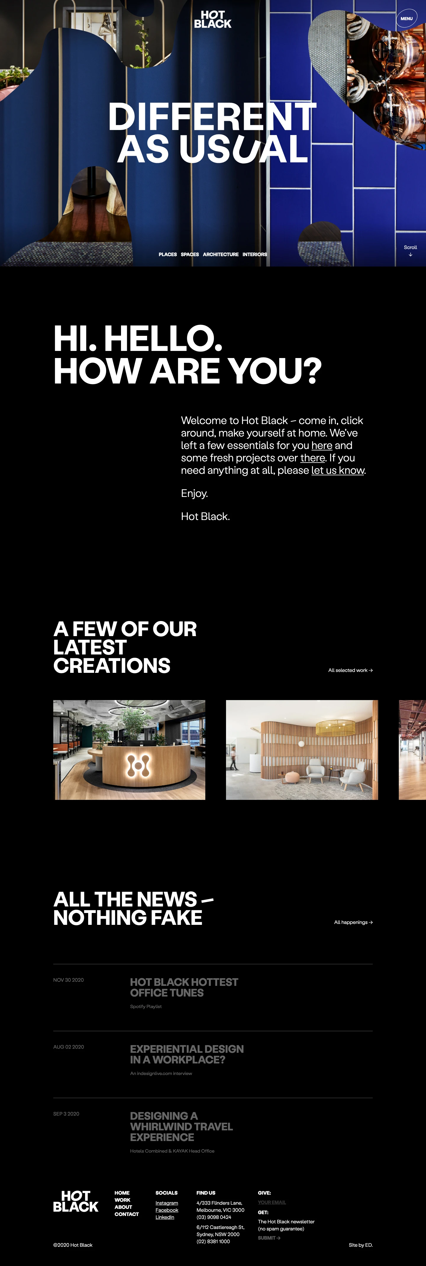 Hot Black Landing Page Example: We are Hot Black, an interdisciplinary design practice for spaces, places, architecture and interiors.