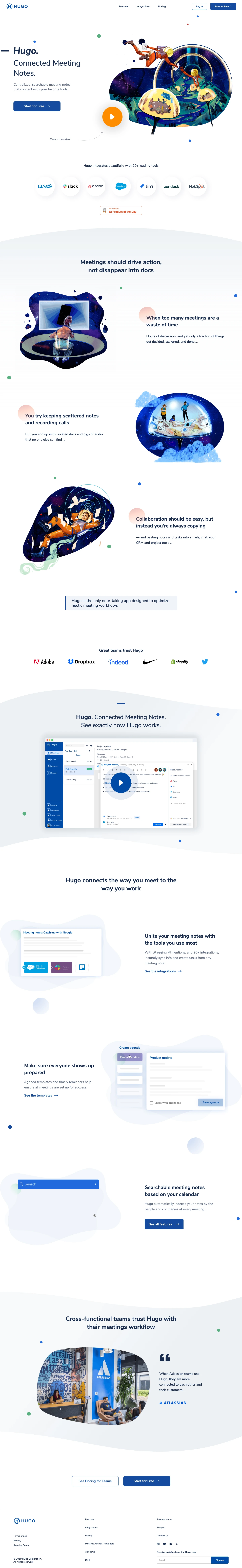 Hugo Landing Page Example: Centralized, searchable meeting notes that connect with your favorite tools.