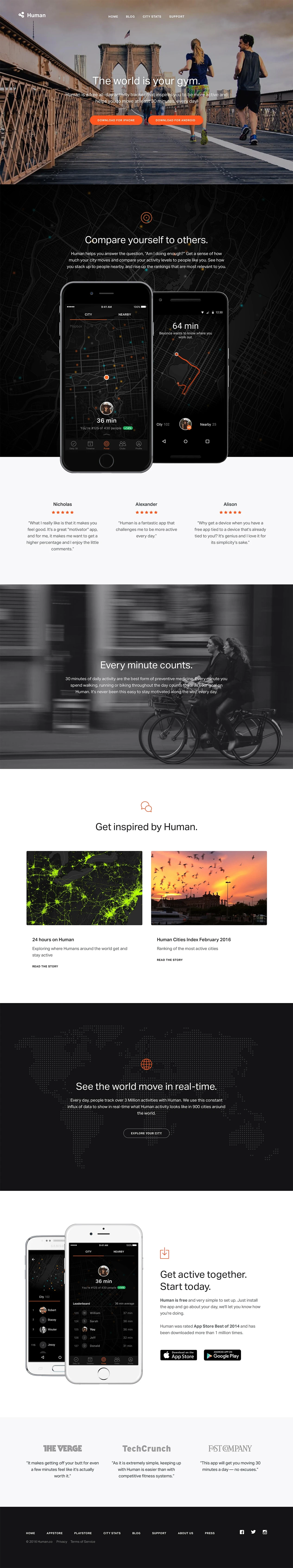 Human.co Landing Page Example: Human is a free all-day activity tracker that inspires you to be more active and helps you to move at least 30 minutes, every day. Track your everyday activity with Human and compare yourself with other people like you.