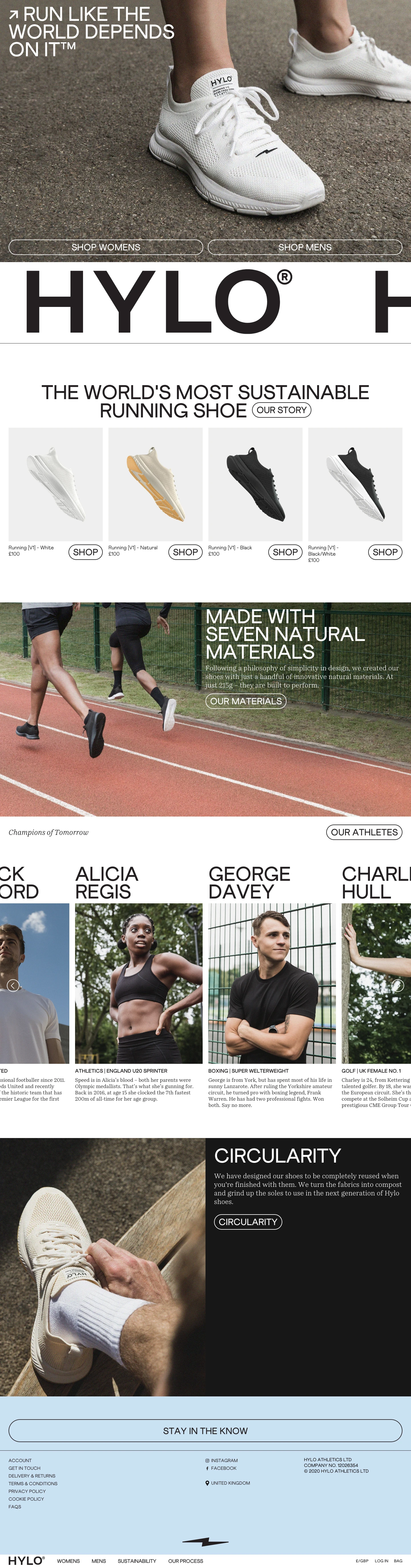Hylo Athletics Landing Page Example: The world's most sustainable running shoe - Made with seven natural materials and weighing only 215g, this superfast and lightweight runner is perfect for everyday running and training in the gym .