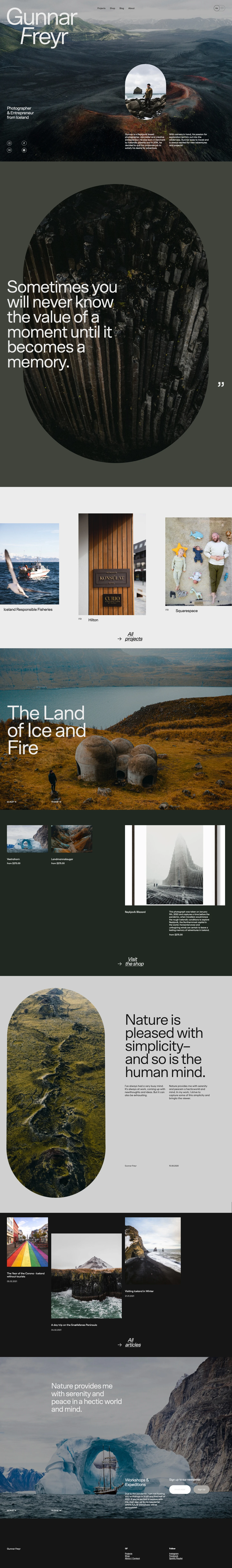 Gunnar Freyr Landing Page Example: Gunnar is a Reykjavik based photographer, storyteller and creative entrepreneur. He was born in Denmark by Icelandic parents and in 2014, he decided to quit his corporate job to satisfy his desire for adventure. With camera in hand, his passion for exploration led him out into the wilderness. Gunnar loves to travel and is always excited for new adventures and projects!