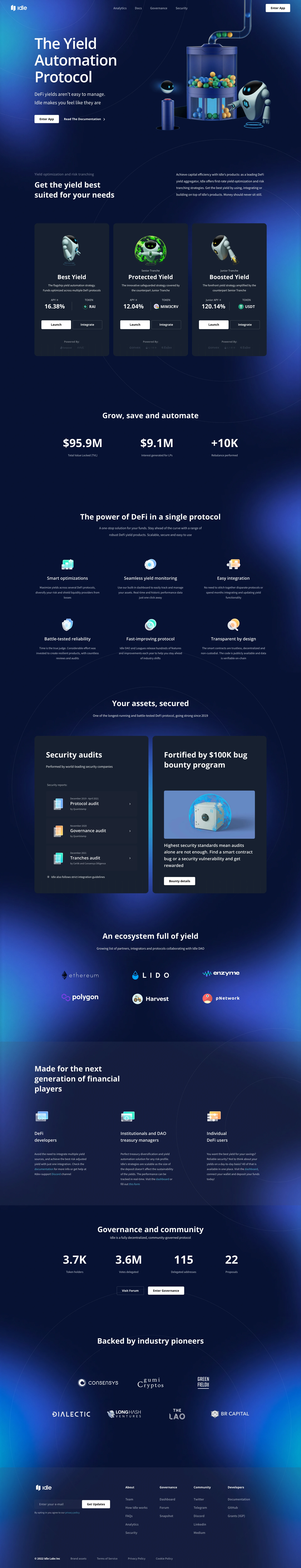 Idle Finance Landing Page Example: Idle offers first-rate yield optimization and risk tranching strategies. Get the best yield by using, integrating or building on top of Idle’s products.