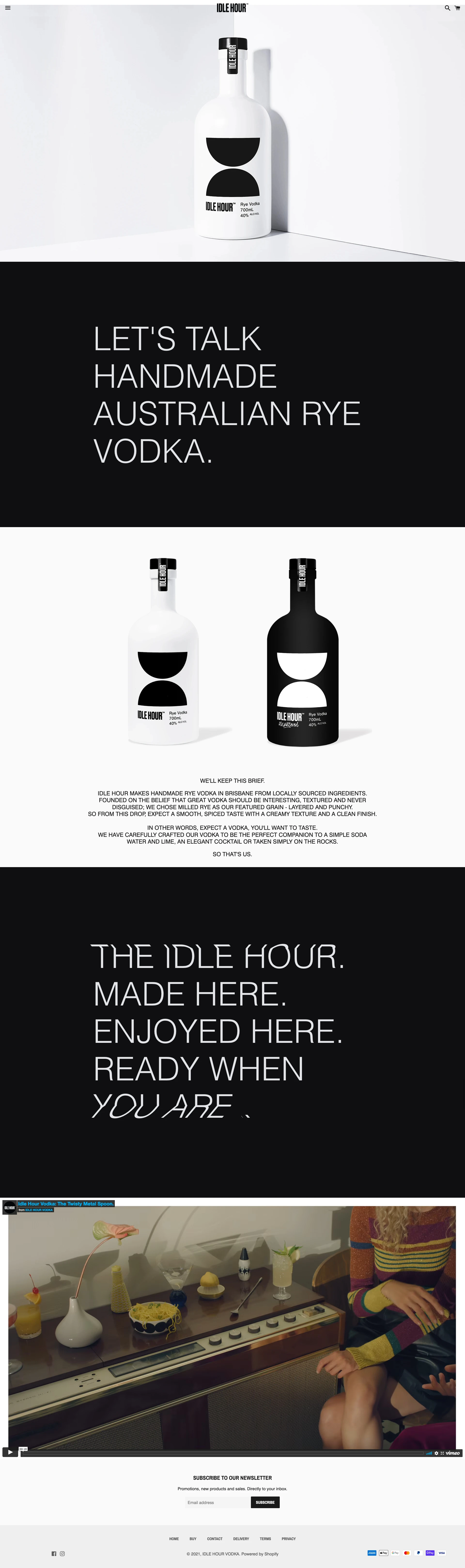 Idle Hour Vodka Landing Page Example: Handmade Australian Rye Vodka. Made here. Enjoyed here. Ready when you are.