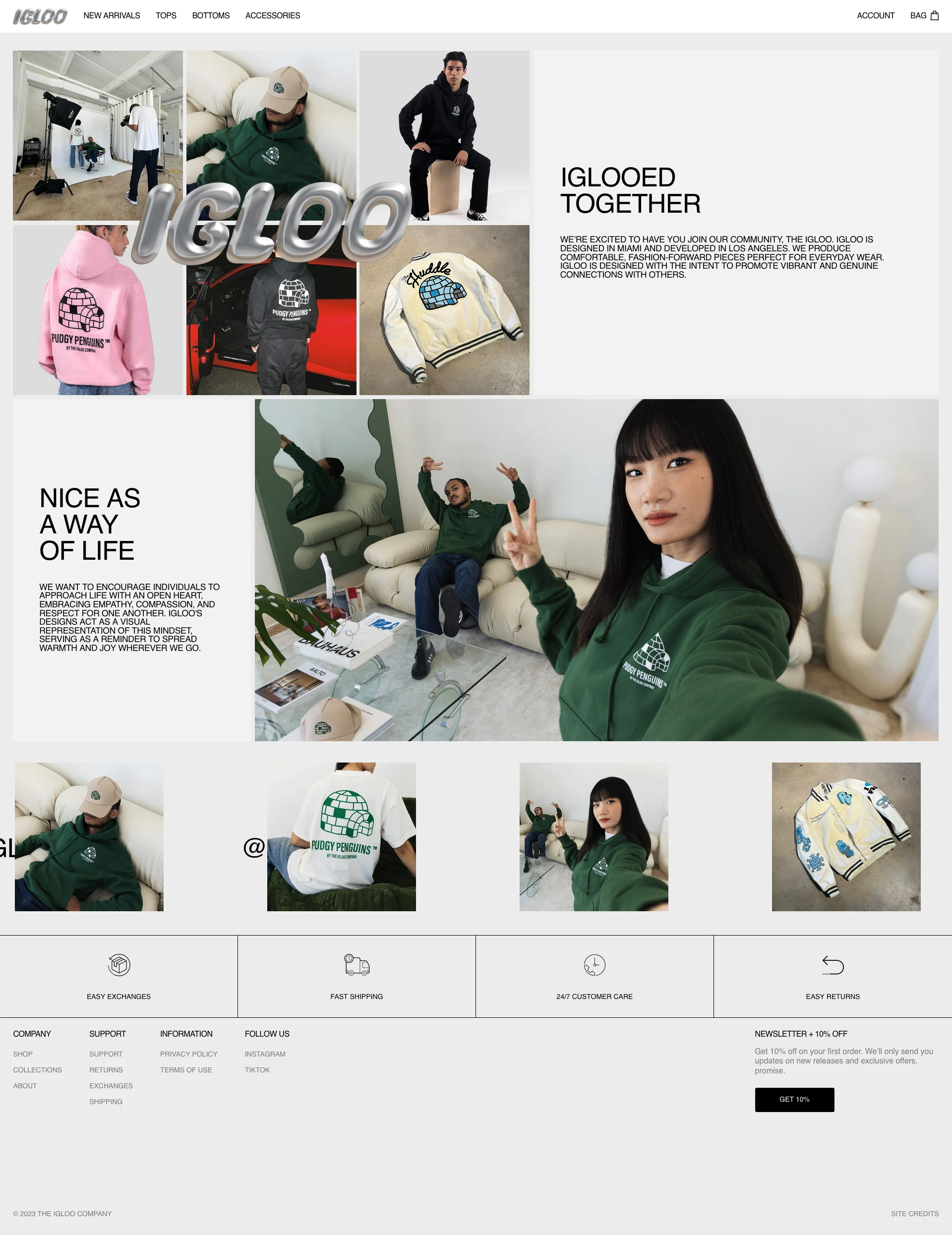 IGLOO Landing Page Example: Igloo is designed in Miami and developed in Los Angeles. We produce comfortable, fashion-forward pieces perfect for everyday wear. Igloo is designed with the intent to promote vibrant and genuine connections with others.
