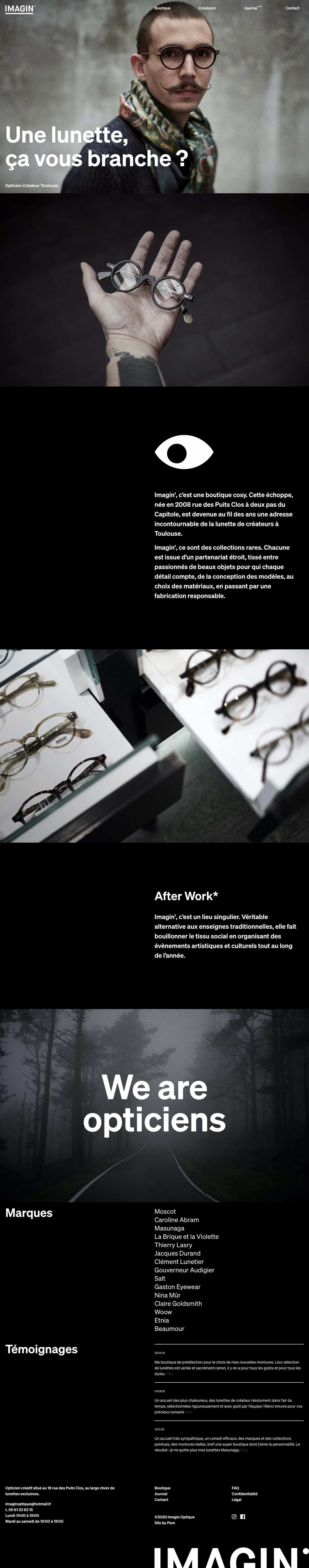 Imagin Optique Landing Page Example: Creative optician located at 18 rue des Puits Clos, with a wide choice of exclusive glasses.