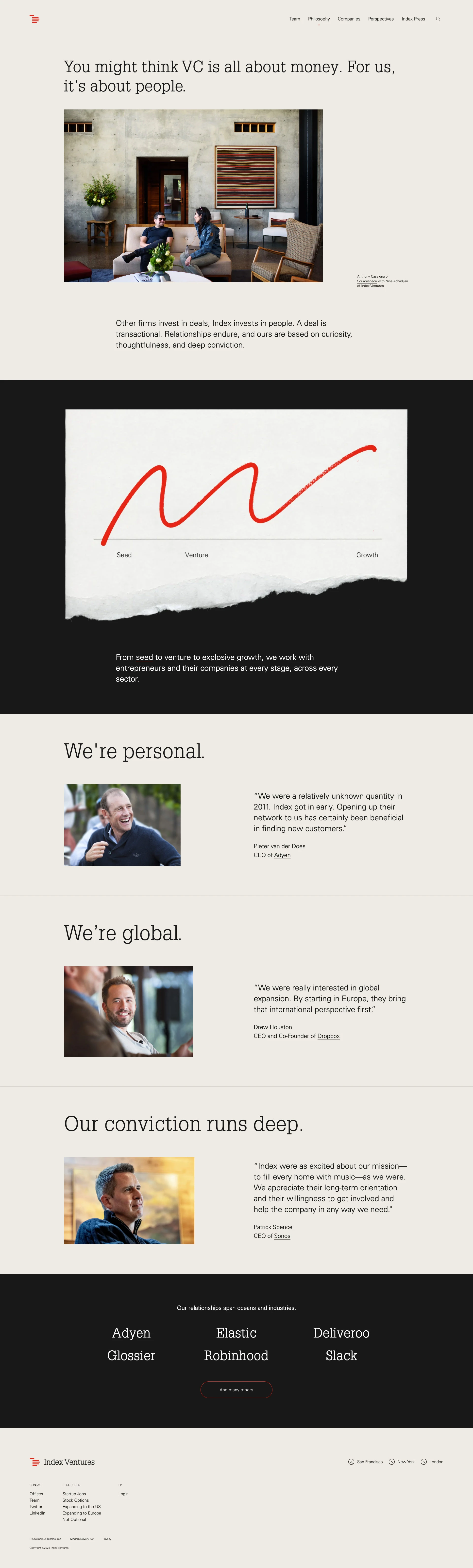 Index Ventures Landing Page Example: We invest in who you are, not just what you do. When it comes to the founders we work with, we look for the unexpected. The ground breakers and game-changers with a fire inside that can’t be dimmed or duplicated. Because at Index, we’re invested in the people behind great ideas.