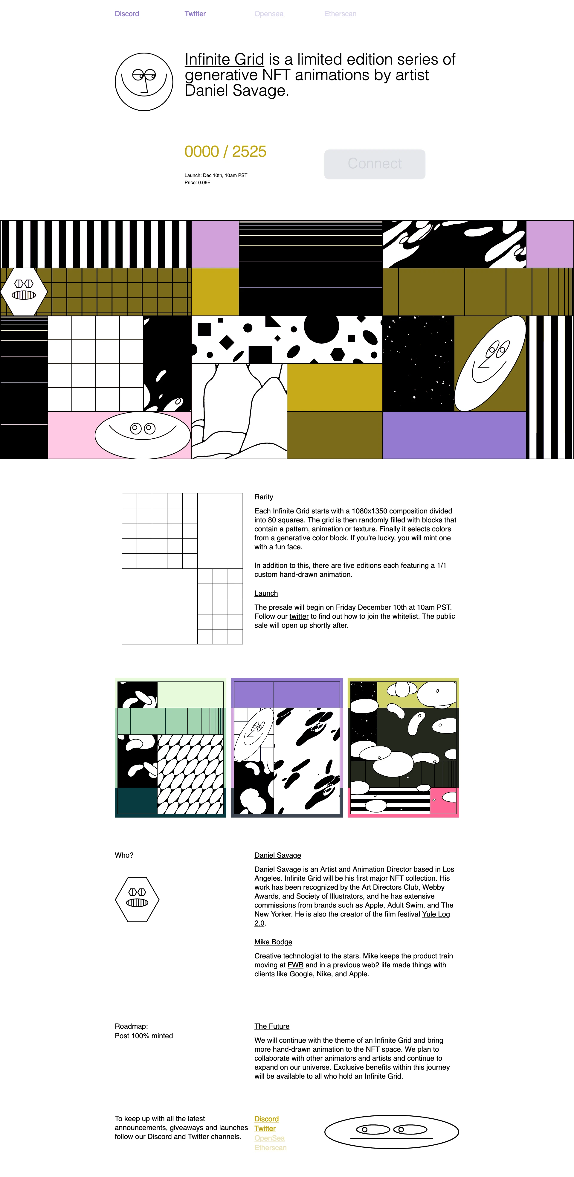 Infinite Grid Landing Page Example: Infinite Grid is a limited edition series of generative NFT animations by artist Daniel Savage.