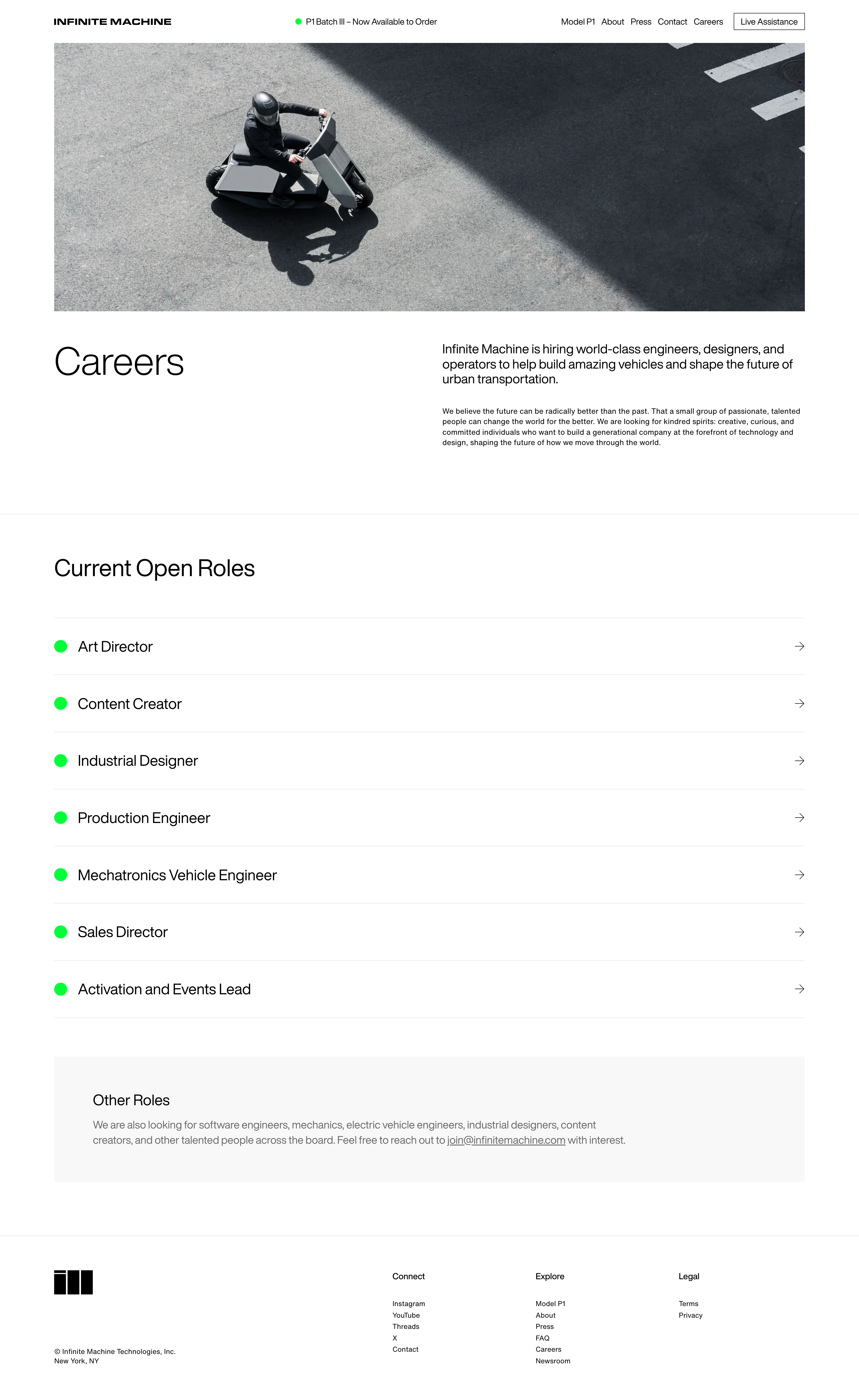Infinite Machine Landing Page Example: Non cars for the future. Introducing P1, a radical new personal electric vehicle, pairing a cutting edge industrial design with breakthrough performance and utility.