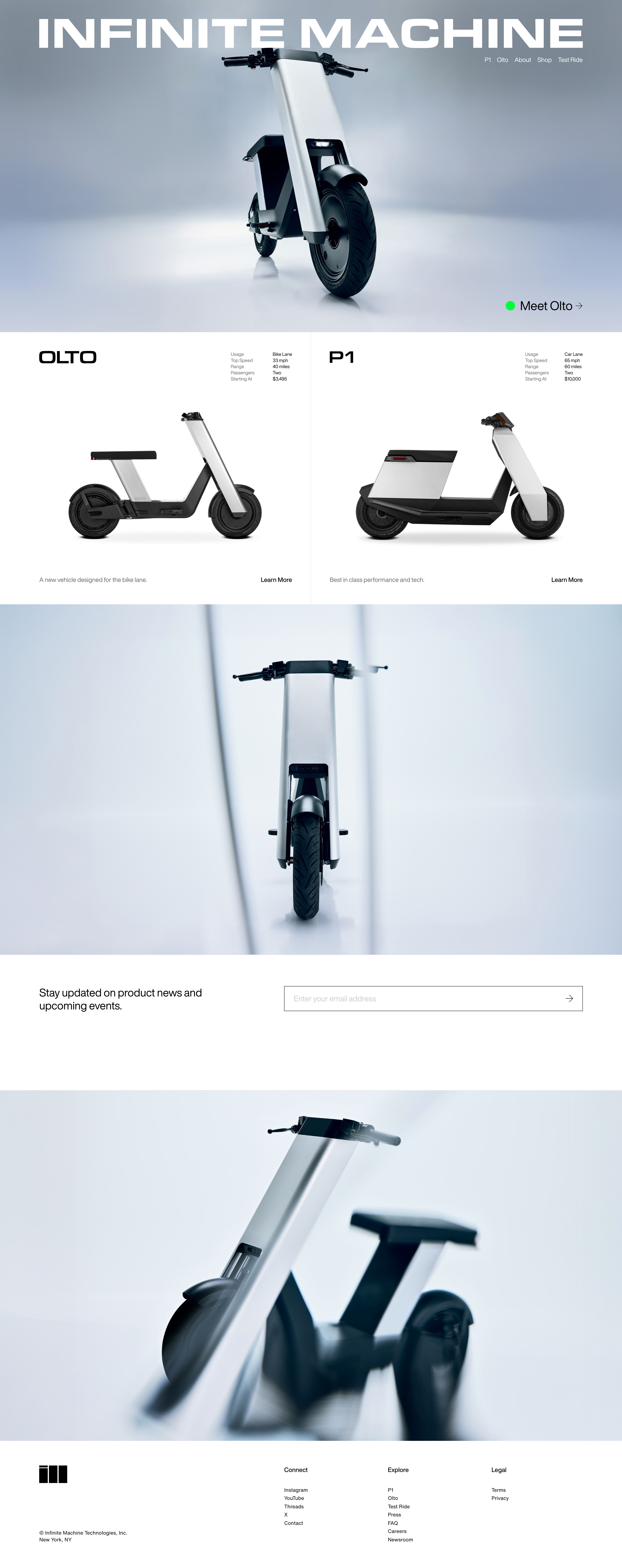 Infinite Machine Landing Page Example: Non cars for the future. Introducing P1, a radical new personal electric vehicle, pairing a cutting edge industrial design with breakthrough performance and utility.