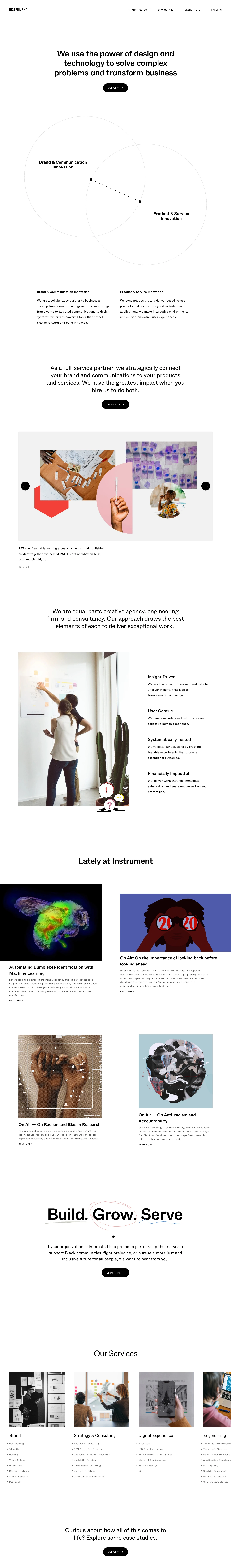 Instrument Landing Page Example: We are equal parts creative agency, engineering firm, and consultancy. Our approach draws the best elements of each to deliver exceptional work.