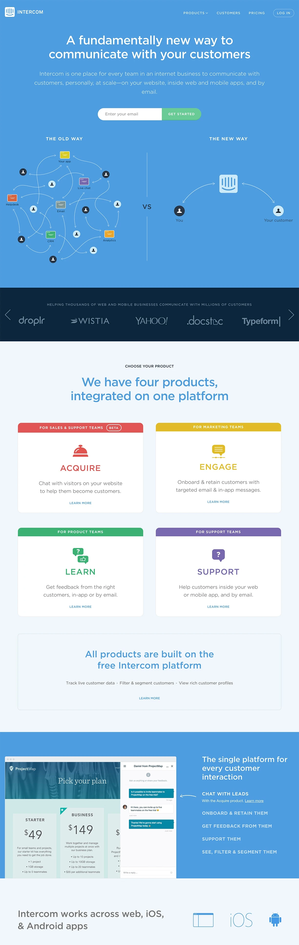 Intercom Landing Page Example: Intercom is one place for every team in an internet business to communicate with customers, personally, at scale—on your website, inside web and mobile apps, and by email.