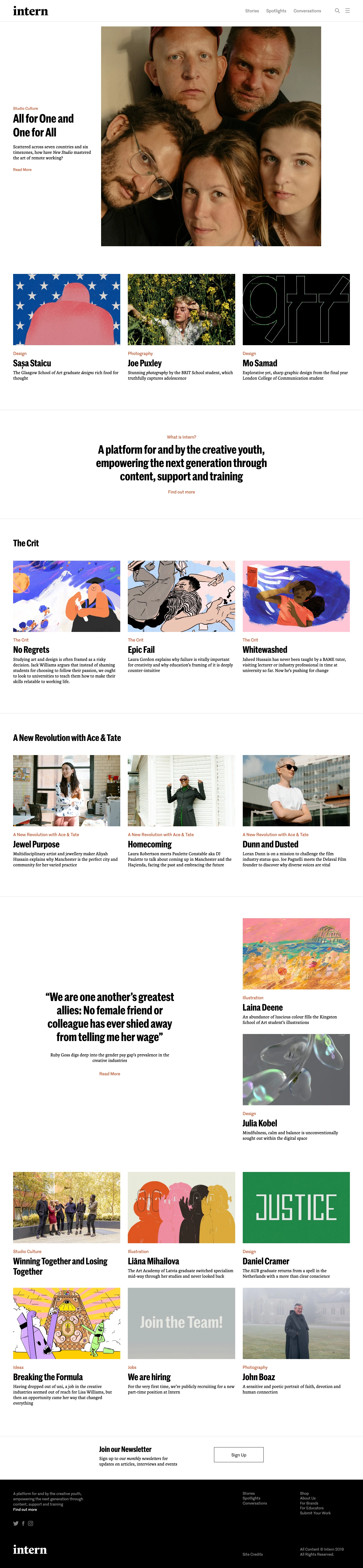 Intern Magazine Landing Page Example: A platform for and by the creative youth, empowering the next generation through content, support and training.