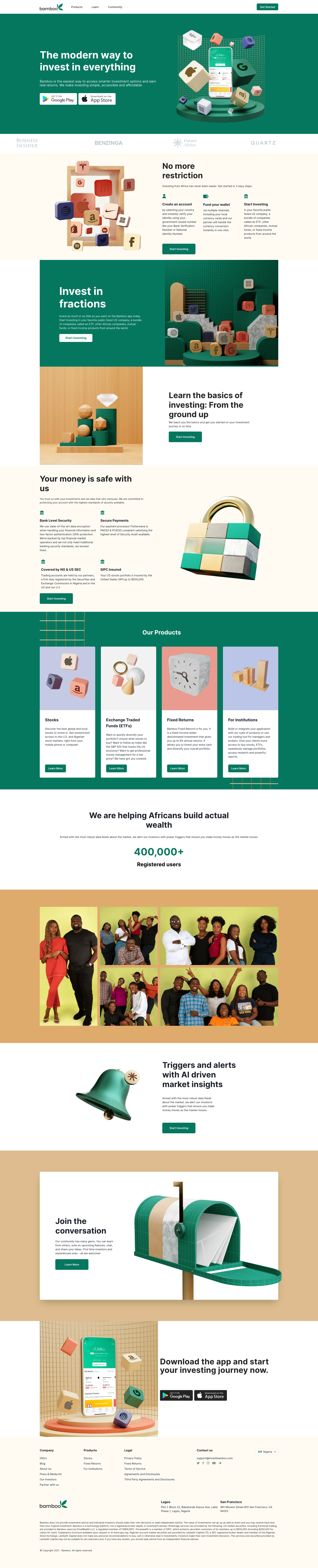 Invest Bamboo Landing Page Example: The modern way to invest in everything. Bamboo is the easiest way to access smarter investment options and earn real returns. We make investing simple, accessible and affordable.